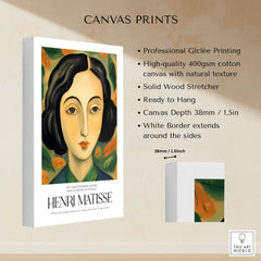 Matisse Art Prints - Woman Portrait Wall Art with vibrant colors and abstract background, showcasing Henri Matisse's style.