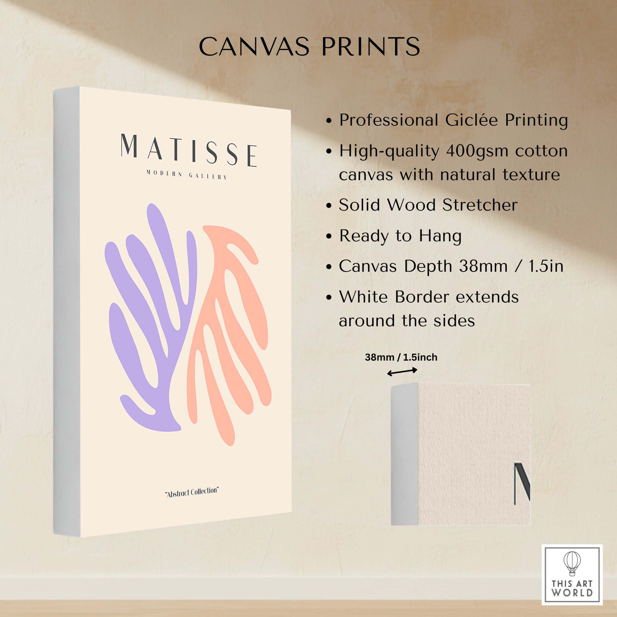 Matisse Art Prints - Purple Peach Abstract Leaves Poster displayed on canvas with Giclée printing and white border.