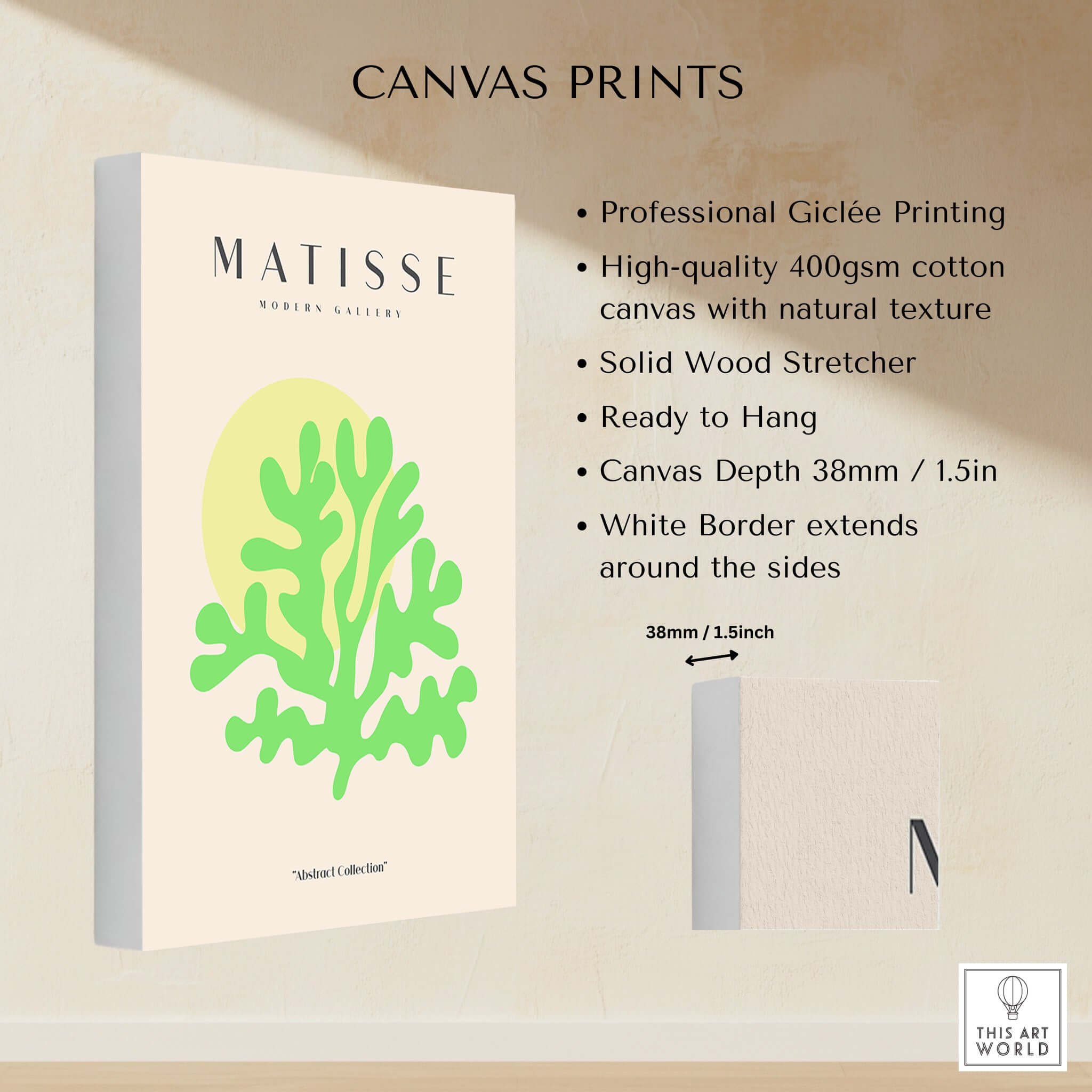 Matisse Art Prints - Lime Green Coral Abstract Sun Print canvas print showcasing professional Giclée quality and vibrant design.