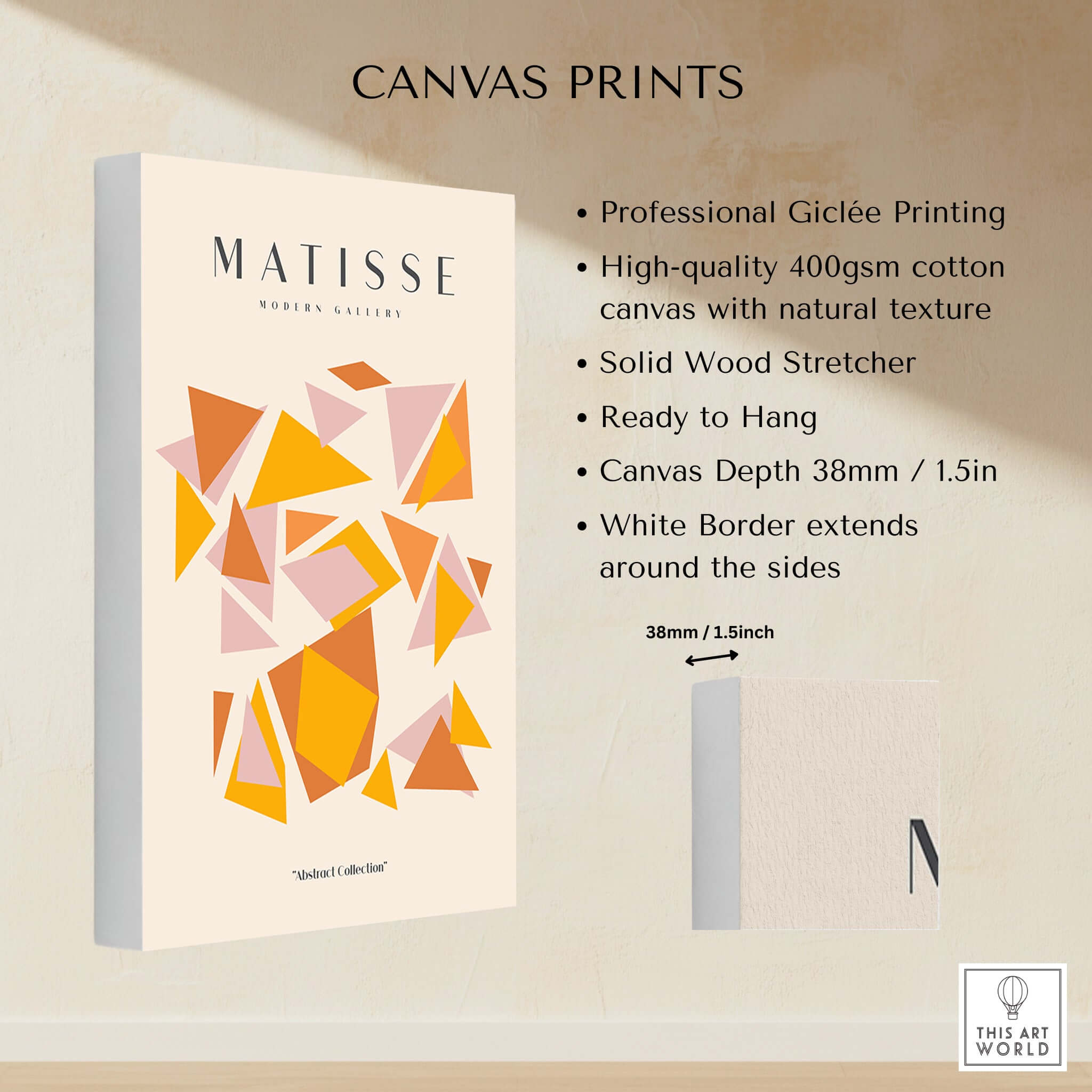 Matisse Art Prints - Warm Tone Geometric Triangles Poster details including professional Giclée printing on canvas.