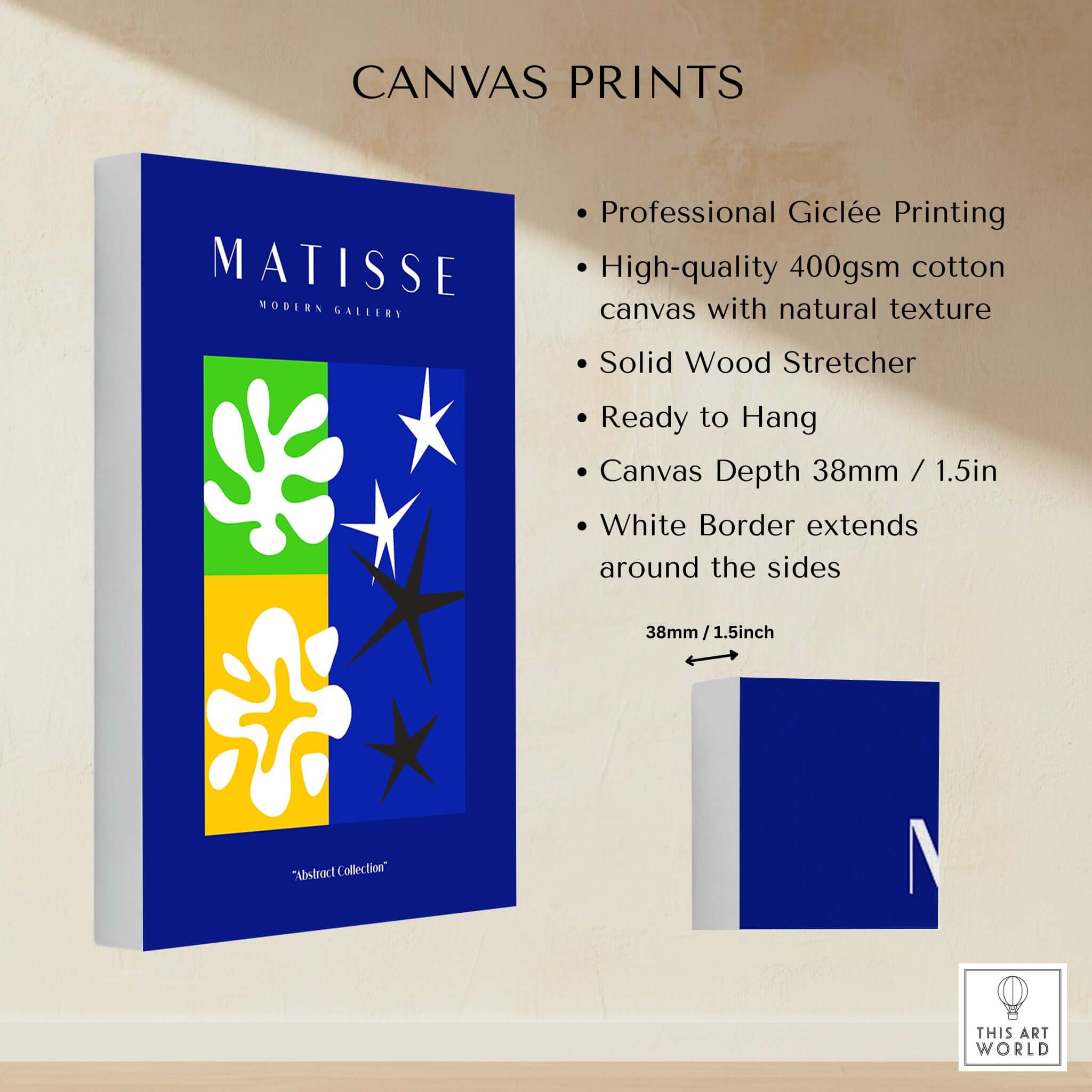 Matisse Art Prints - Abstract Blue Poster showcasing vibrant geometric design with professional Giclée printing on canvas.