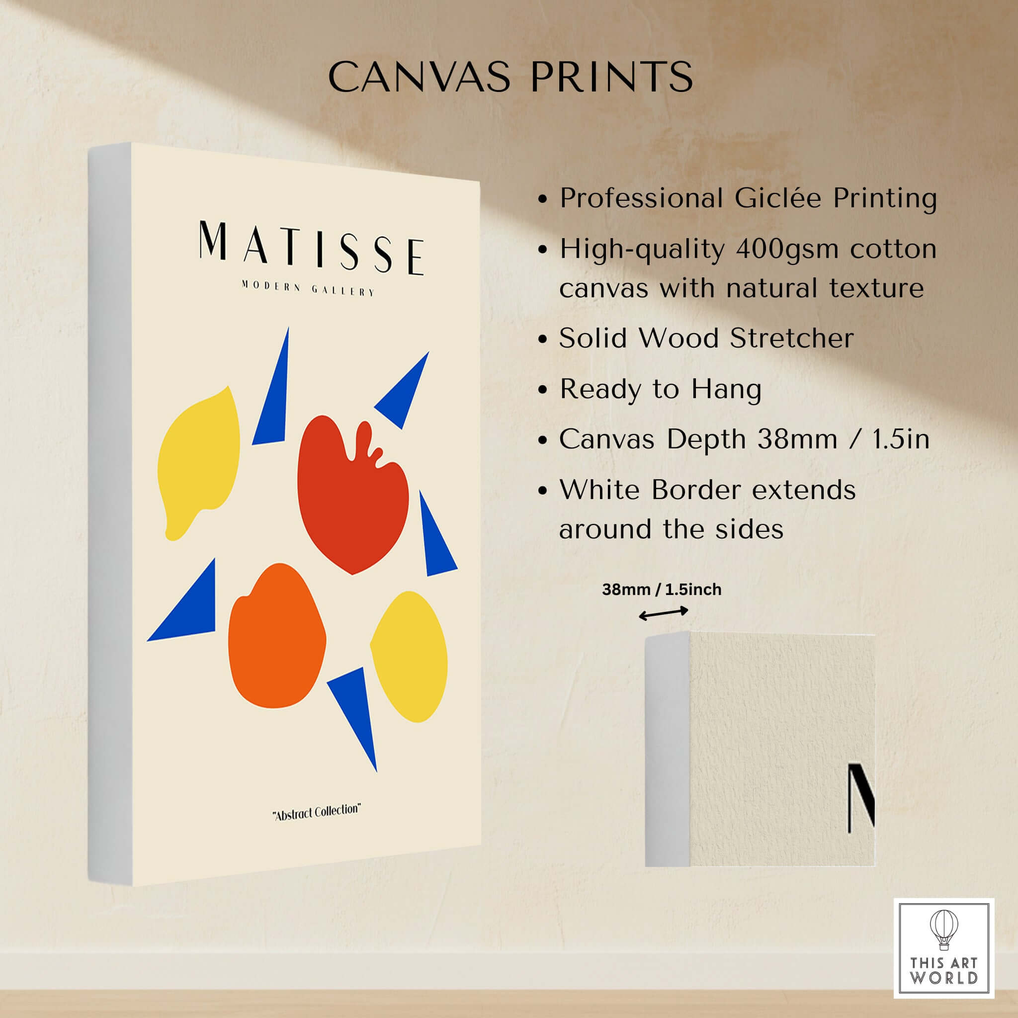 Matisse Art Prints - Abstract Fruit Shapes Blue Triangles Poster displayed on high-quality canvas with bright shapes.