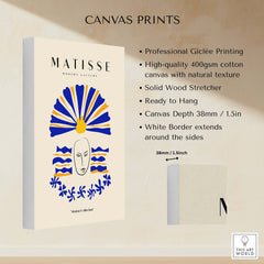 Matisse Art Prints -  Blue & Yellow Abstract Face on high-quality canvas with natural texture and solid wood stretcher.