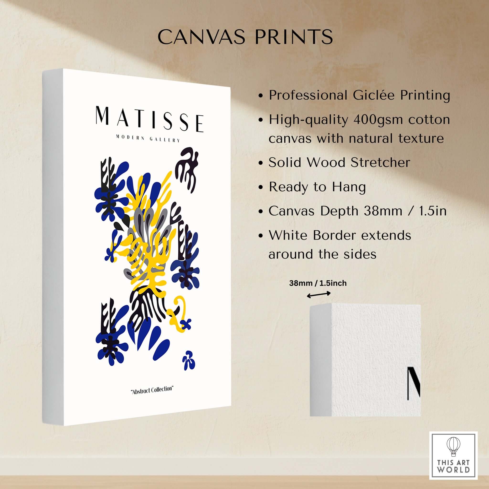 Matisse Art Prints - Abstract Floral Blue Yellow Black Poster showcasing professional Giclée printing on high-quality canvas.