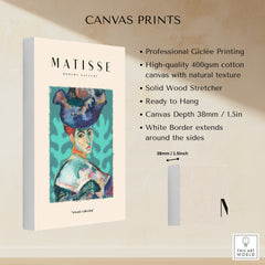 Matisse Art Prints - Woman Large Hat Portrait Teal Background Poster displayed on high-quality canvas with information.