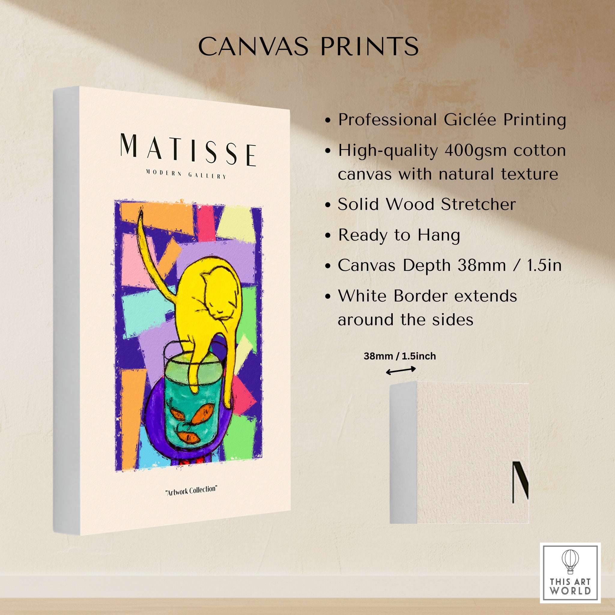 Matisse Art Prints - Yellow Cat with Fishbowl Geometric Poster canvas print features professional Giclée printing and natural texture.