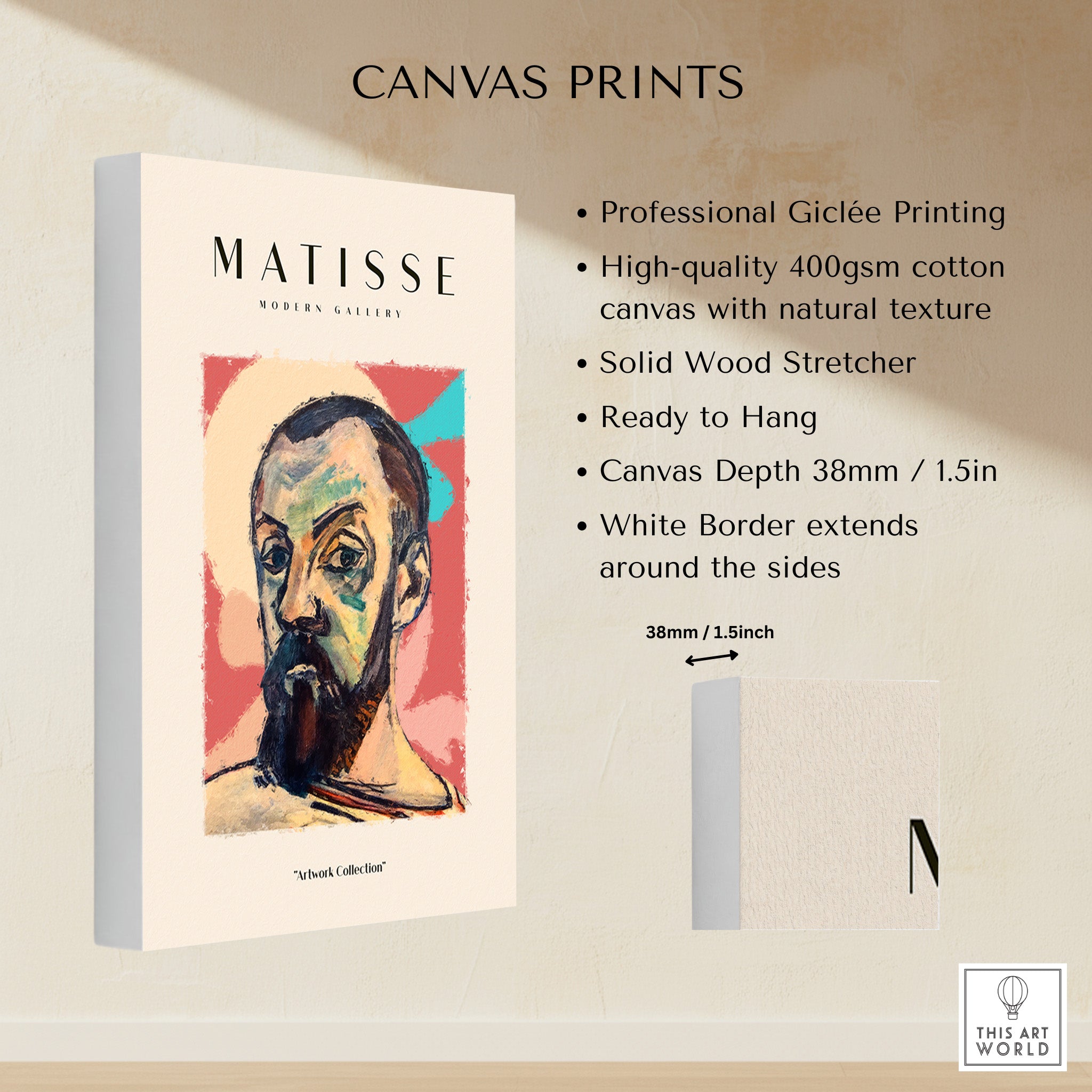 Matisse Art Prints - Expressive Self Portrait Poster on canvas with natural texture and solid wood stretcher.