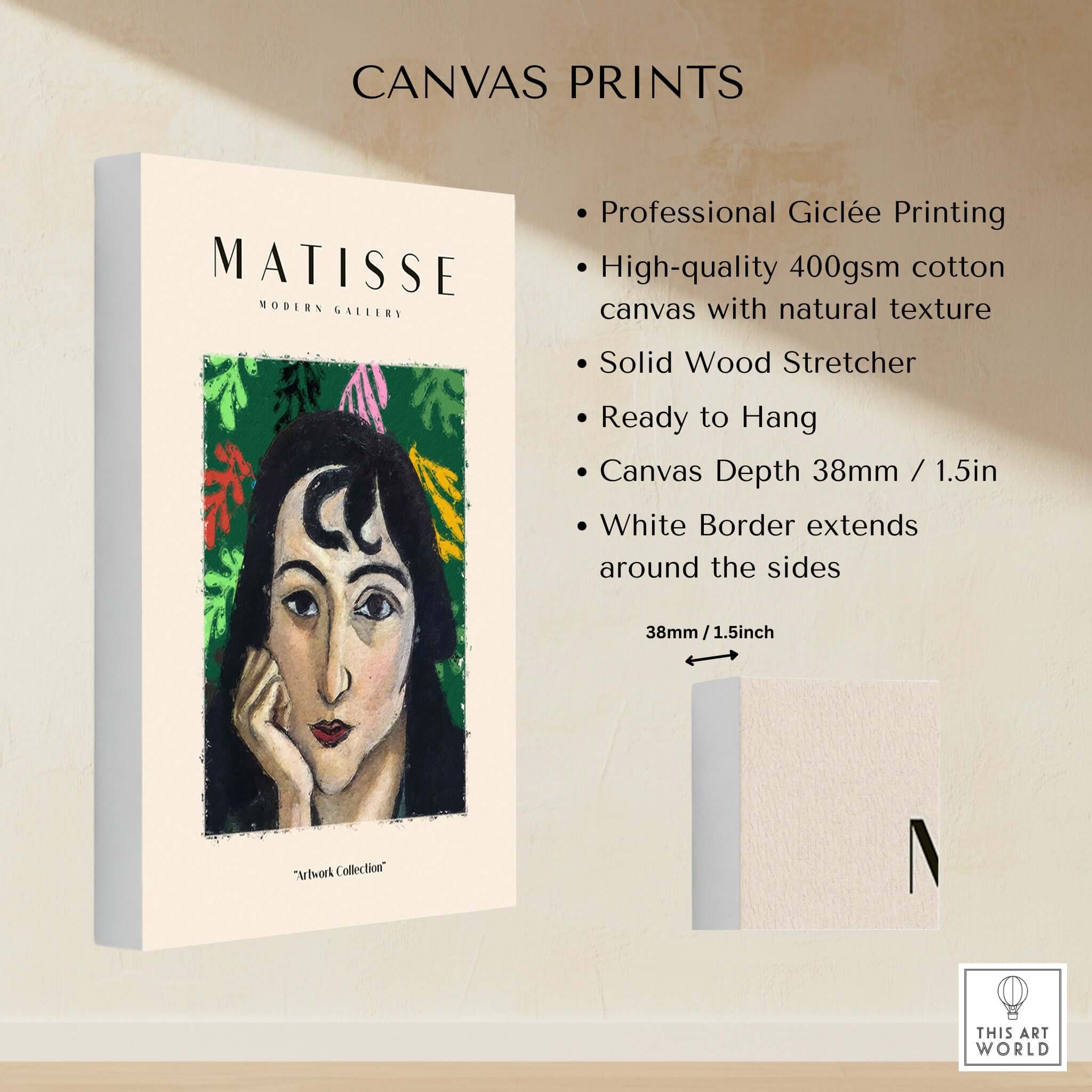 Matisse Art Prints - Pensive Woman Poster displayed on professional Giclée printing canvas with textured white border.