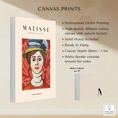 Matisse Art Prints - Woman in Elaborate Hat Portrait Poster on high-quality canvas with white border and ready to hang.