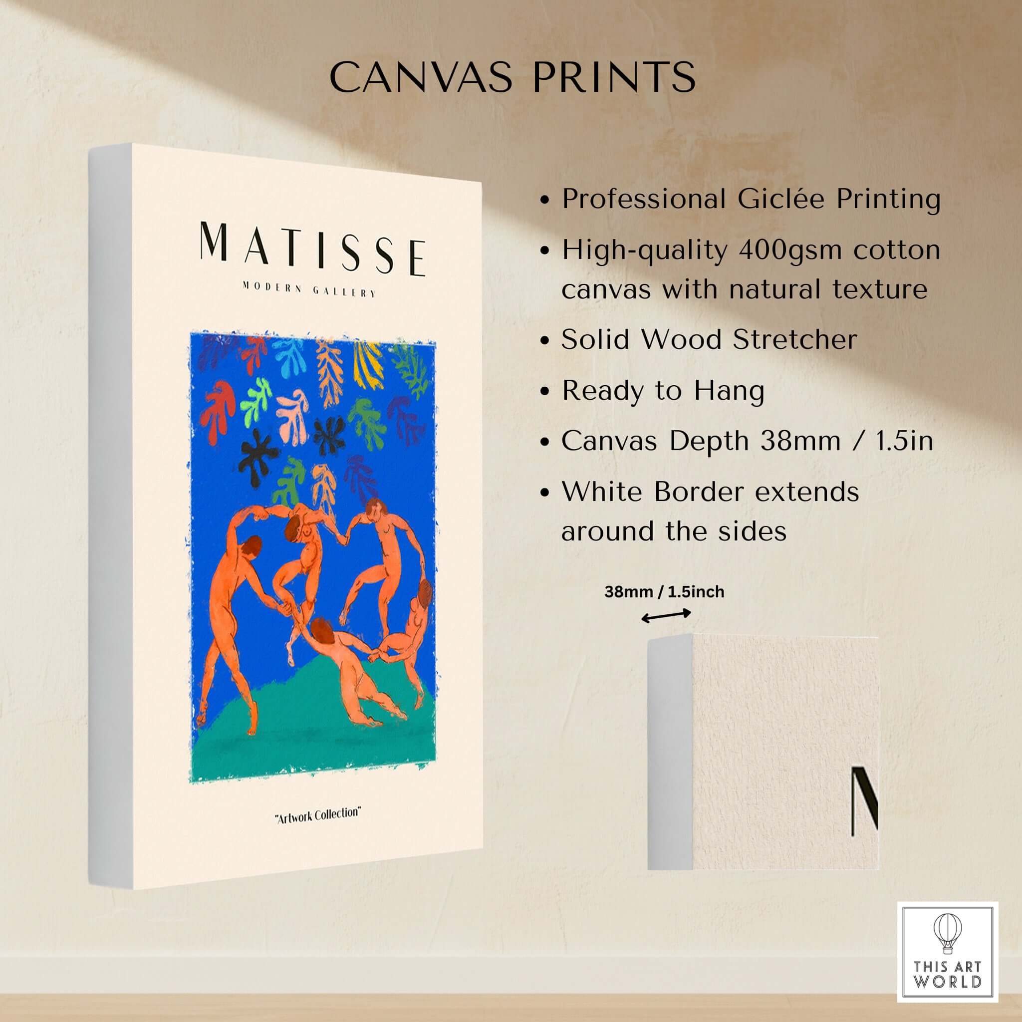 Matisse Art Prints - The Dance Figures Abstract Sky Poster displayed on a ready-to-hang canvas with vibrant colors.