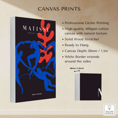 Matisse Art Prints - Dance Blue Figures Poster showcased on canvas with striking blue figures and bold red shapes.