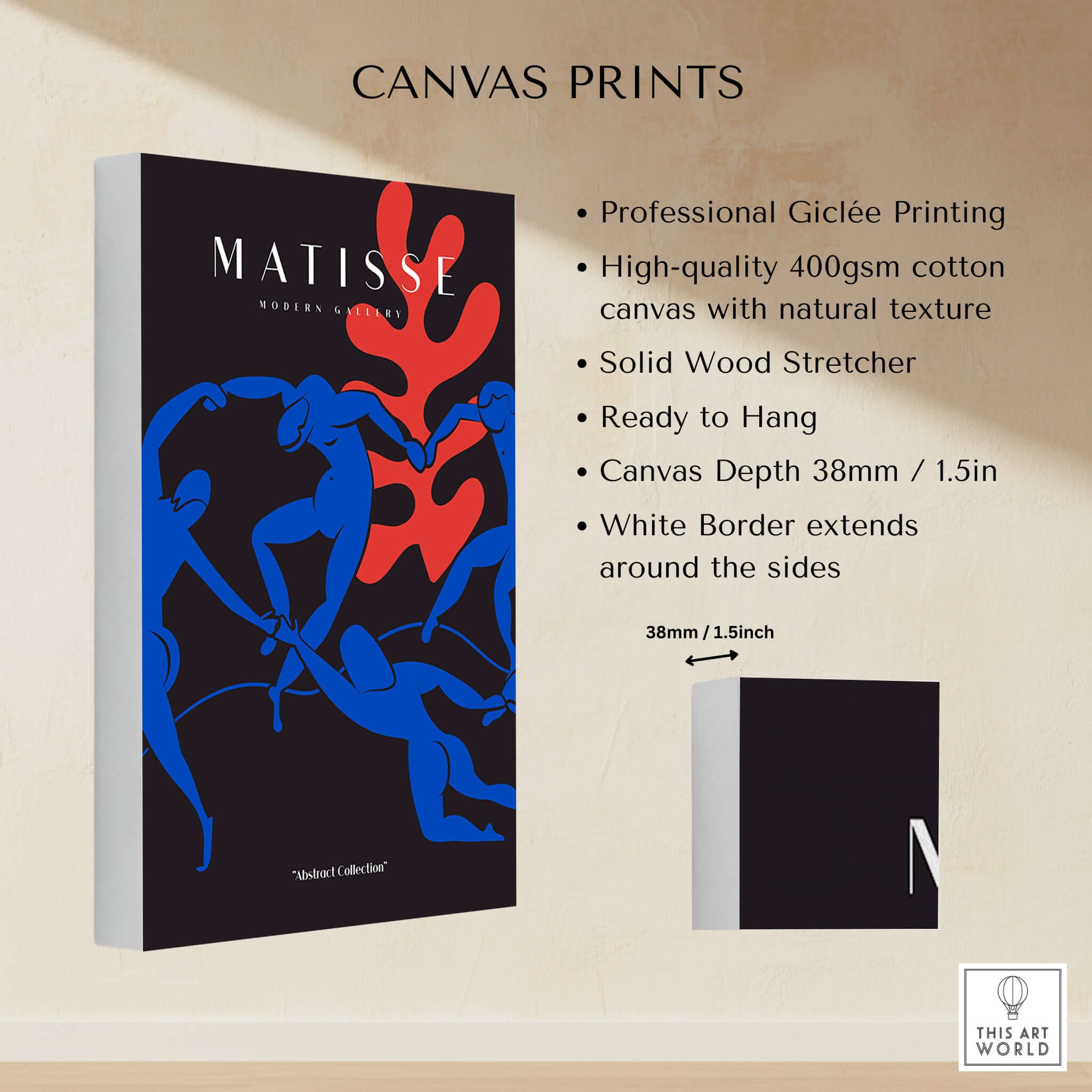 Matisse Art Prints - Dance Blue Figures Poster showcased on canvas with striking blue figures and bold red shapes.