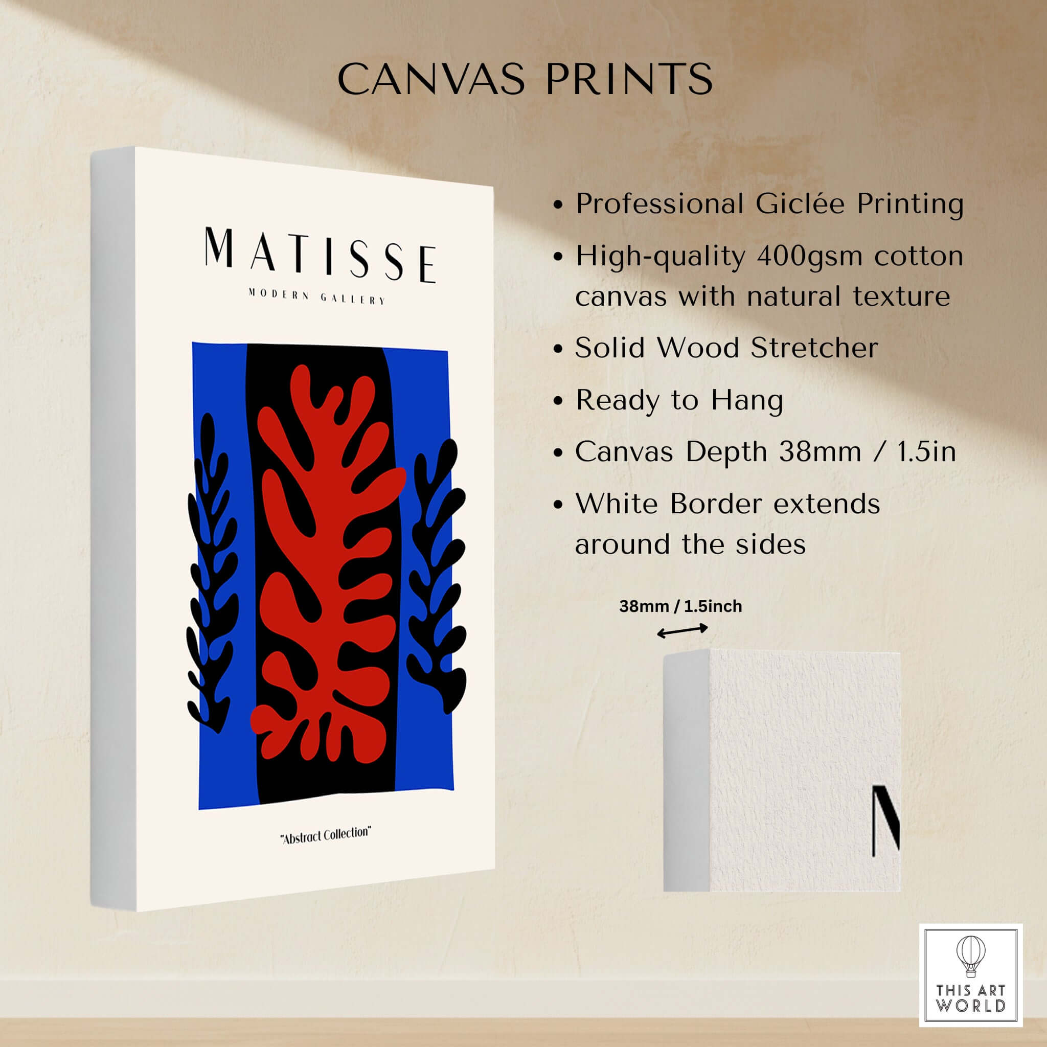 Matisse Art Prints -  Red Coral Black Leaves Blue Frame Poster showcasing professional Giclée printing on canvas.