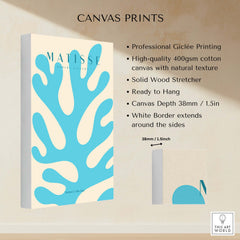 Matisse Art Prints -  Blue Coral Abstract Botanical Art Print Poster displayed on canvas with natural texture and solid wood stretcher.