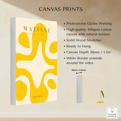 Matisse Art Prints - Yellow Abstract Fluid Shape Poster displayed with canvas details and vibrant yellow design.