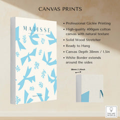 Matisse Art Prints -Blue Abstract Birds Botanical Pattern Poster showcased in a high-quality canvas print format.
