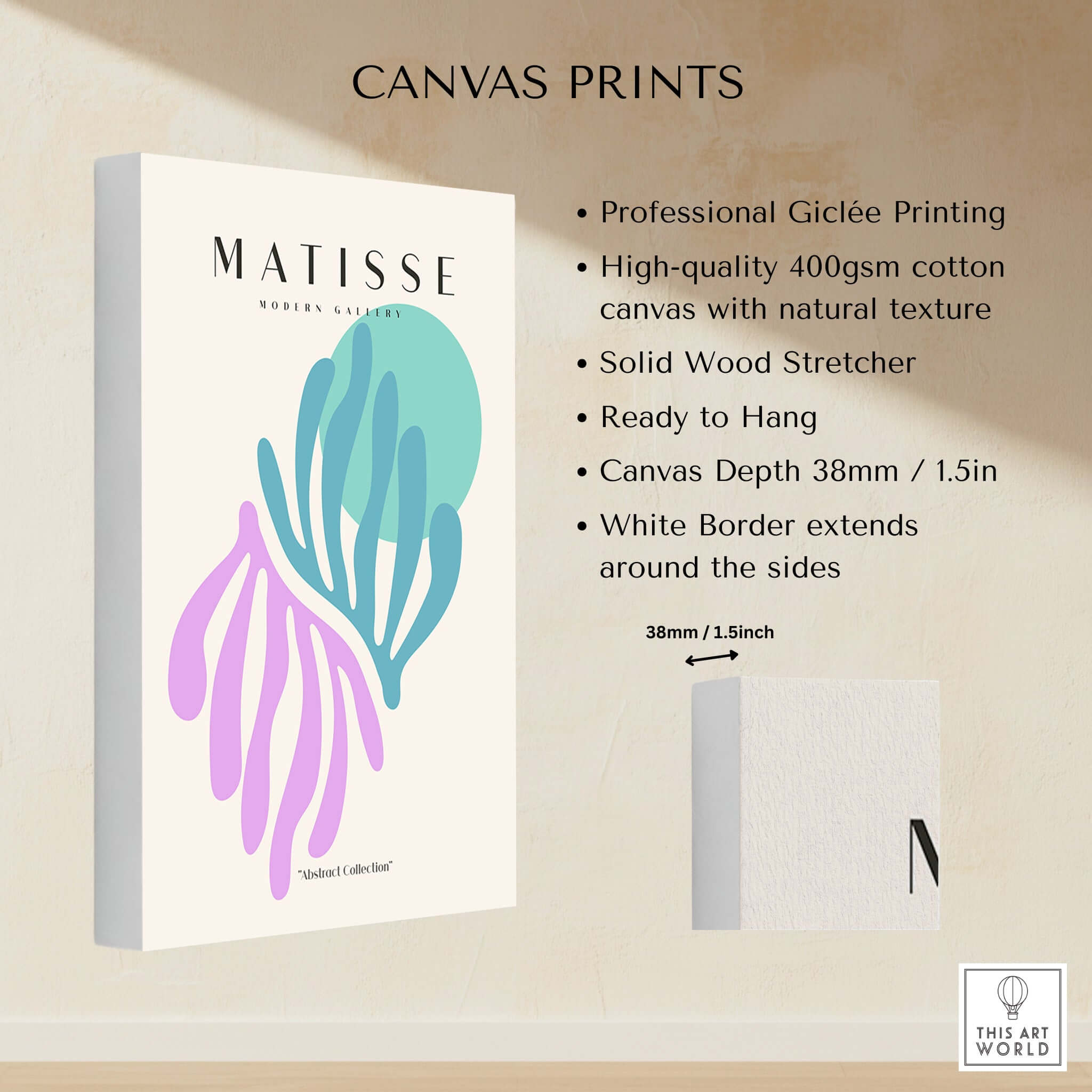 Matisse Art Prints -Teal Pink Abstract Leaves Sun Poster canvas print showcasing professional Giclée printing and natural texture.