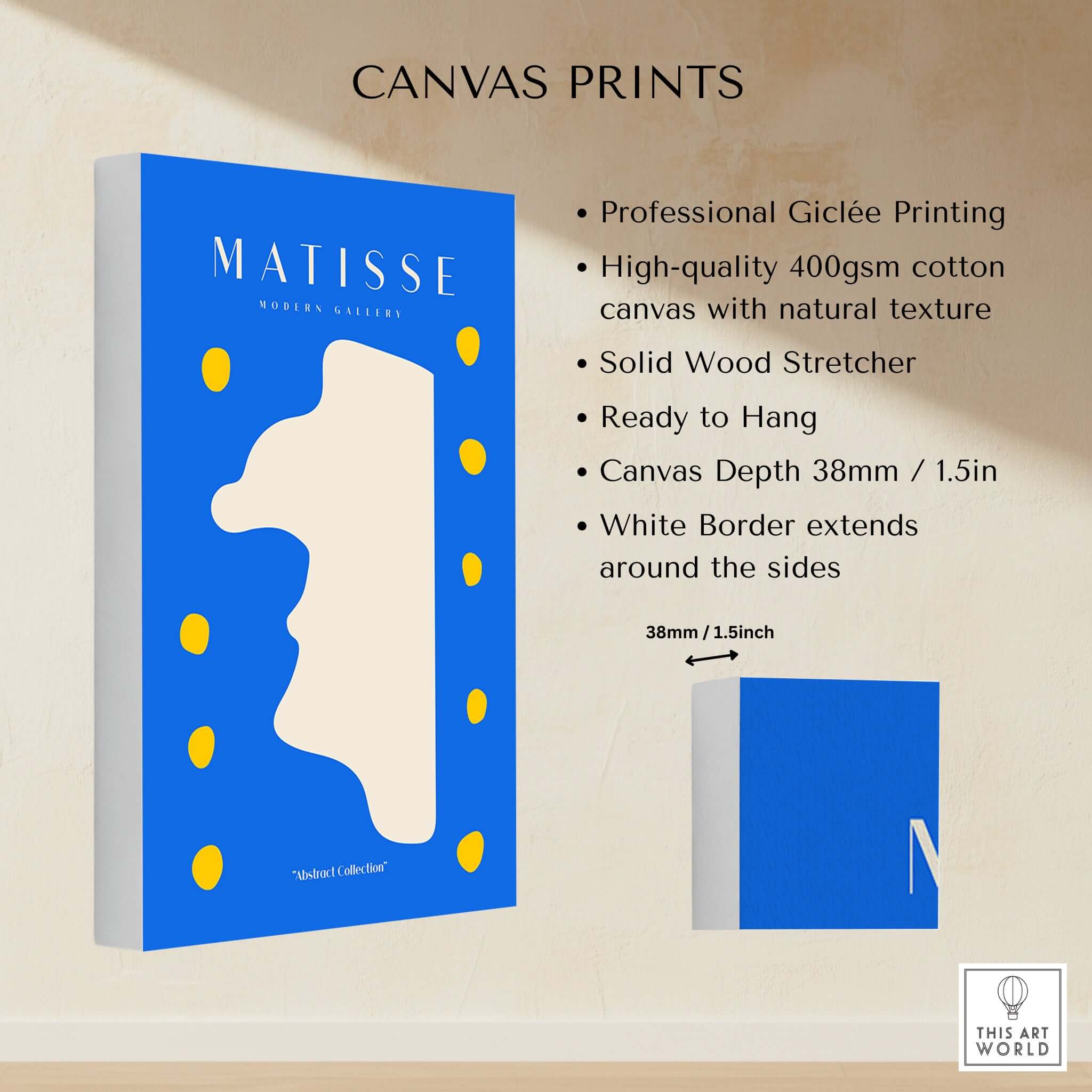 Matisse Art Prints - Blue Abstract Profile with Yellow Dots Poster showcasing professional giclée printing on canvas.