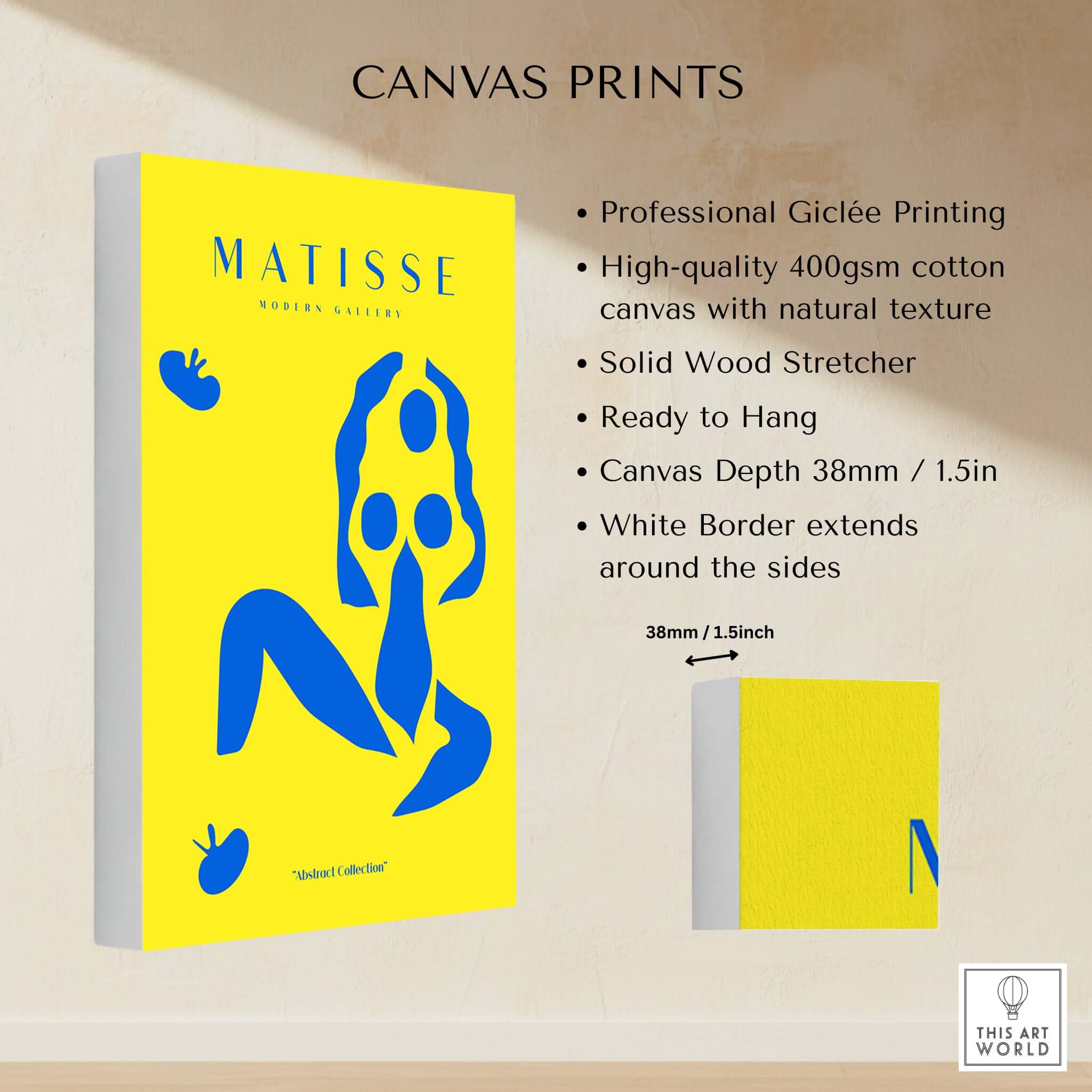 Matisse Art Prints - Blue Nude Abstract Figure Yellow Poster canvas print with solid wood stretcher and vibrant design.