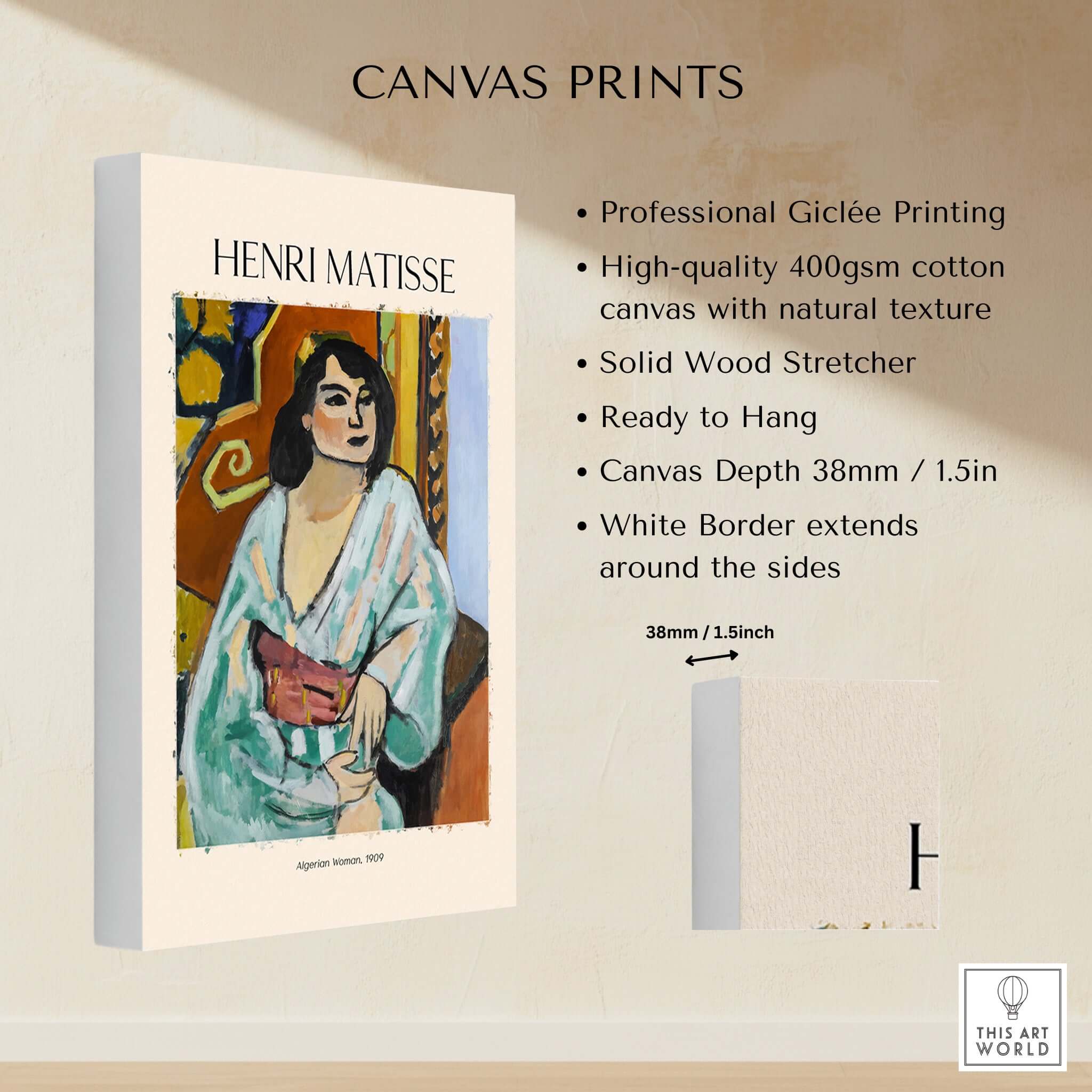 Matisse Poster - Algerian Woman 1909 Fauvist Wall Art Print displayed on canvas with details about printing and materials.