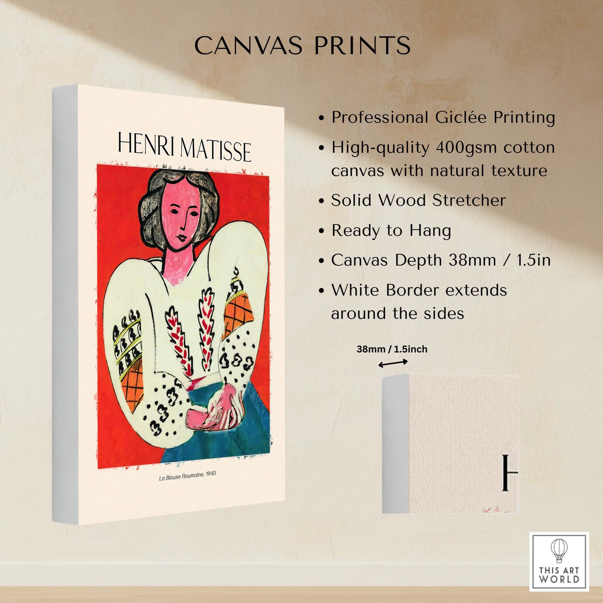 Matisse Poster - La Blouse Roumaine 1940 Famous Art Print on canvas with vibrant colors and details.