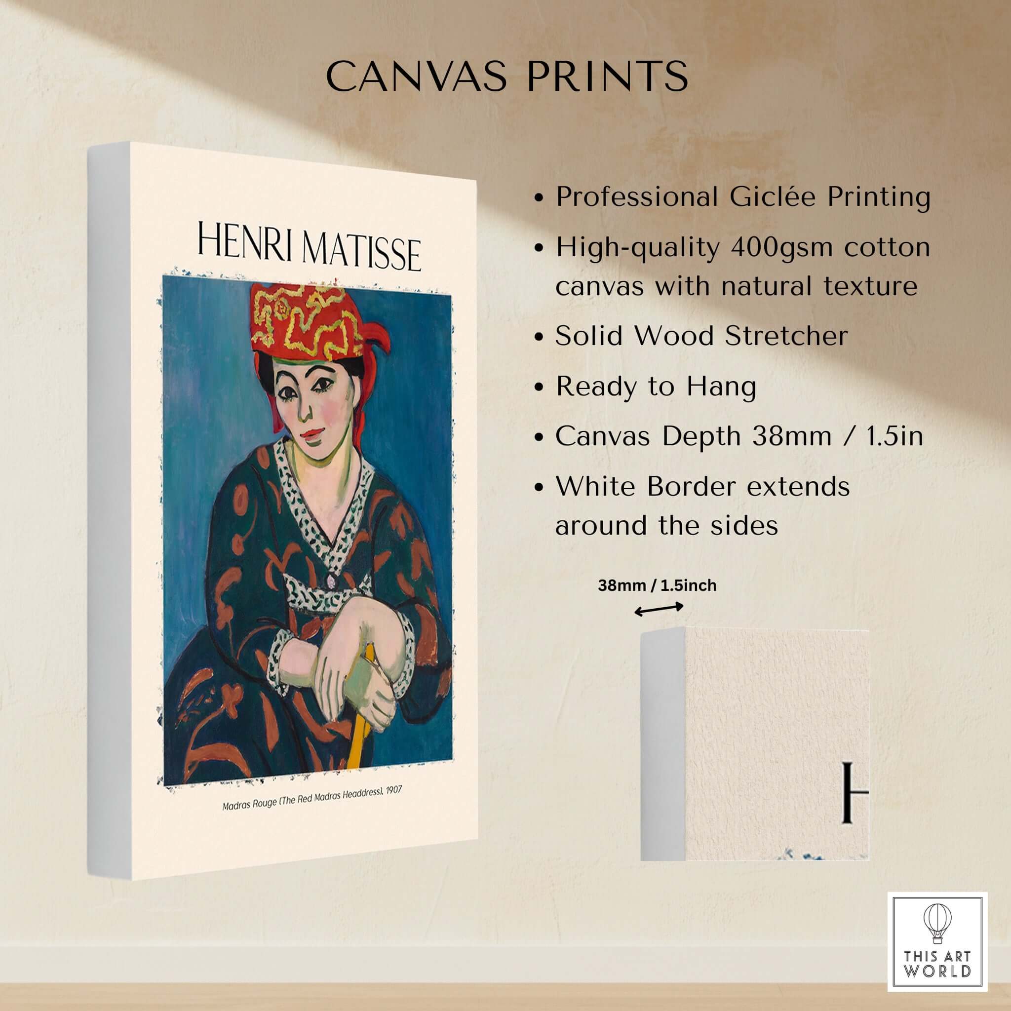 Matisse Art Print - Madras Rouge Red Headdress 1907 Wall Art Poster showcasing canvas print details and vibrant colors.