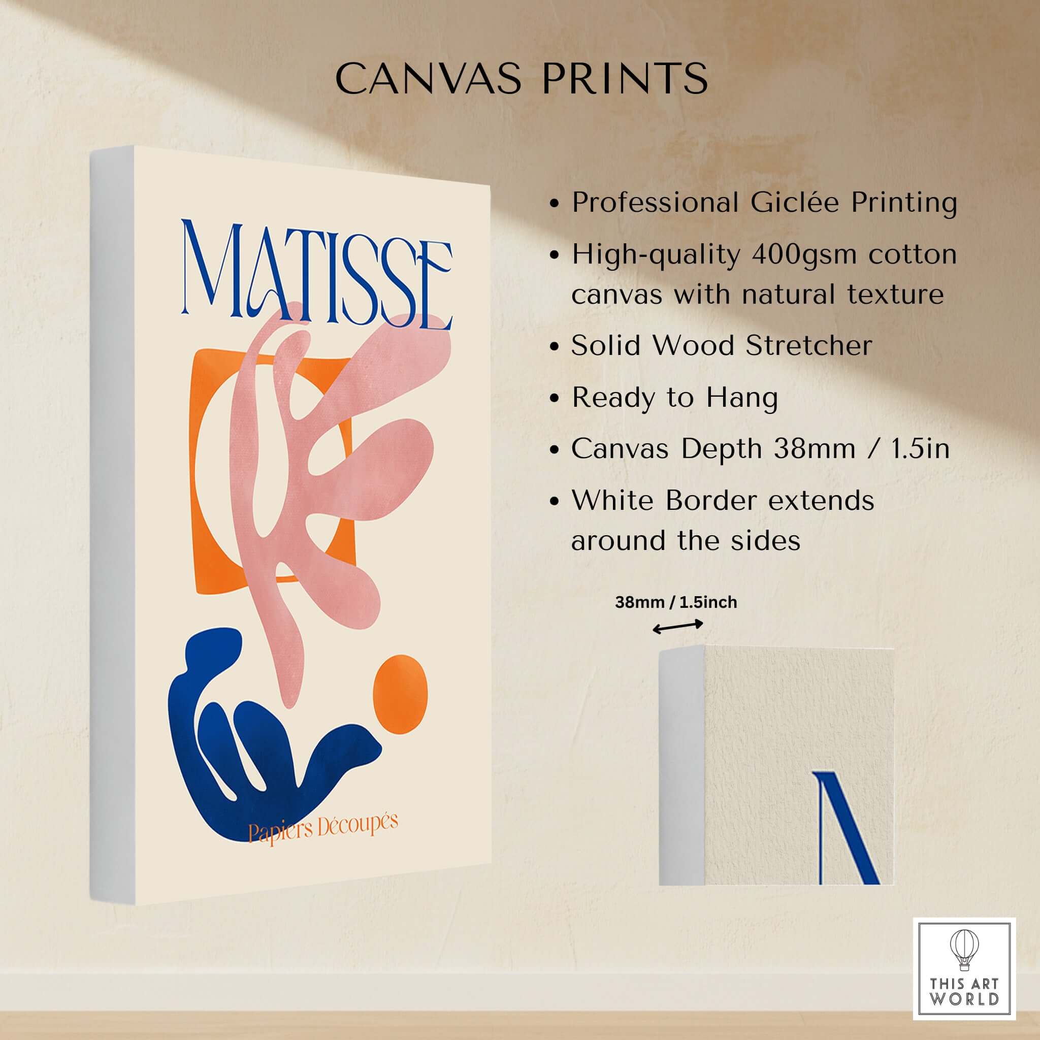 Matisse Papiers Découpés Pink Blue Abstract Art Print on canvas with professional Giclée printing and natural texture.