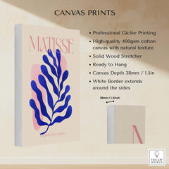 Matisse Blue Leaf Abstract Papiers Découpés Wall Art Print displayed on canvas with natural texture and white border.