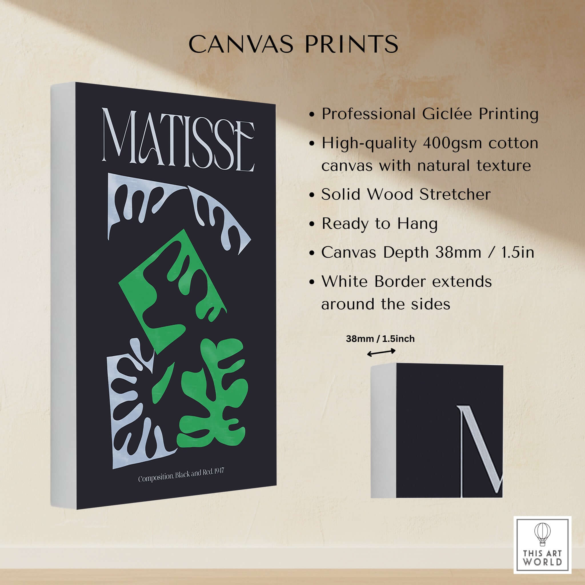 Matisse Art Print Composition Black Green White Abstract Poster 1947 showcased on canvas with professional Giclée printing.