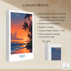 Maui Hawaii Poster | Vibrant Island Coastline Scene Canvas Print with tropical sunset and palm trees