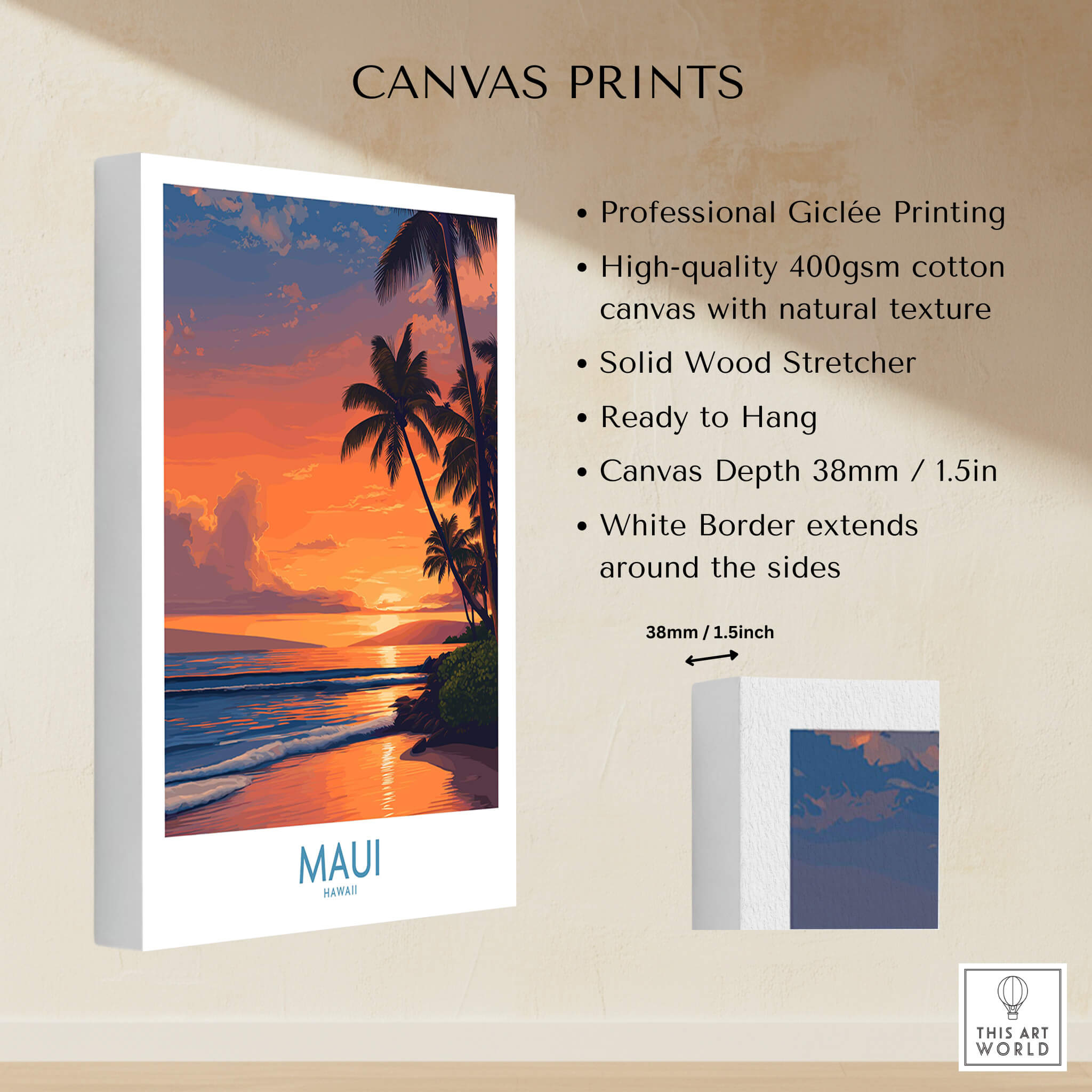 Maui Hawaii Poster | Vibrant Island Coastline Scene Canvas Print with tropical sunset and palm trees