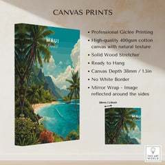 Maui Hawaii Wall Art Print | Lush Tropical Mountain Coast Travel Poster showcasing vibrant giclee printed canvas.