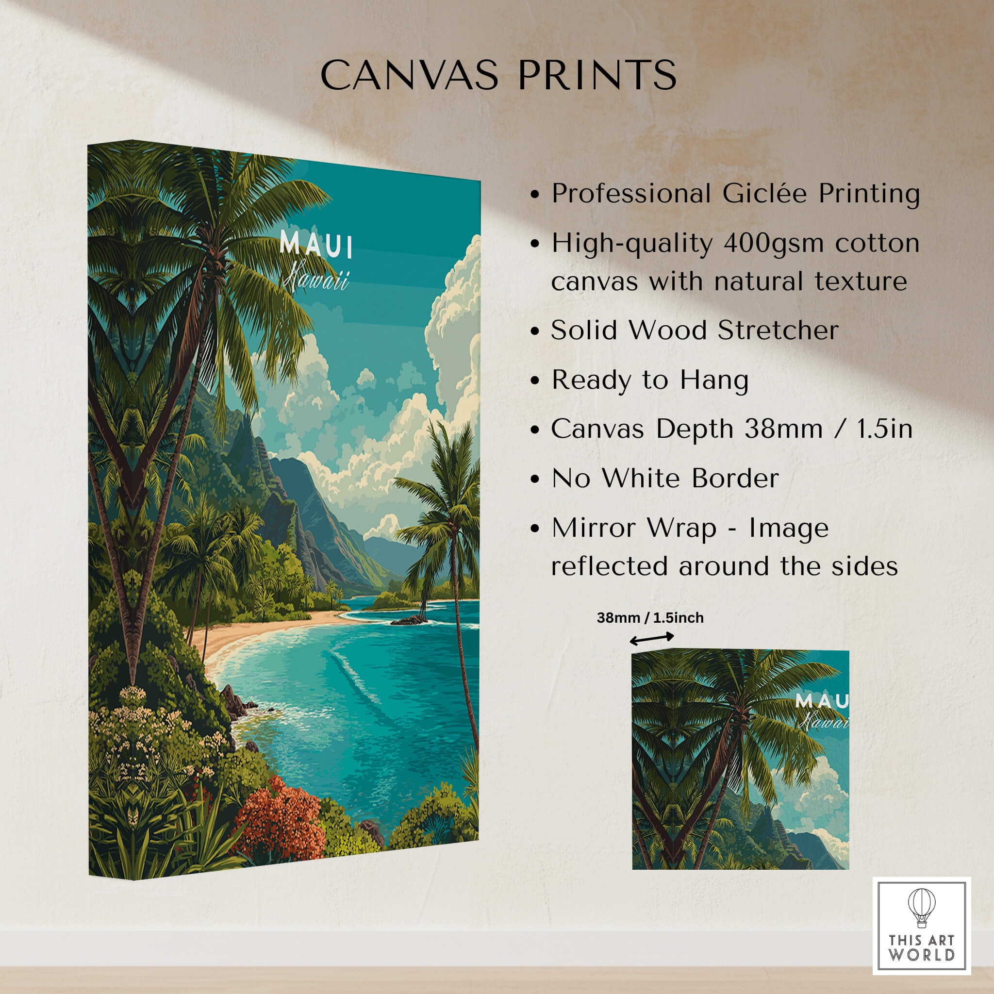 Maui Hawaii Wall Art Print | Lush Tropical Mountain Coast Travel Poster showcasing vibrant giclee printed canvas.