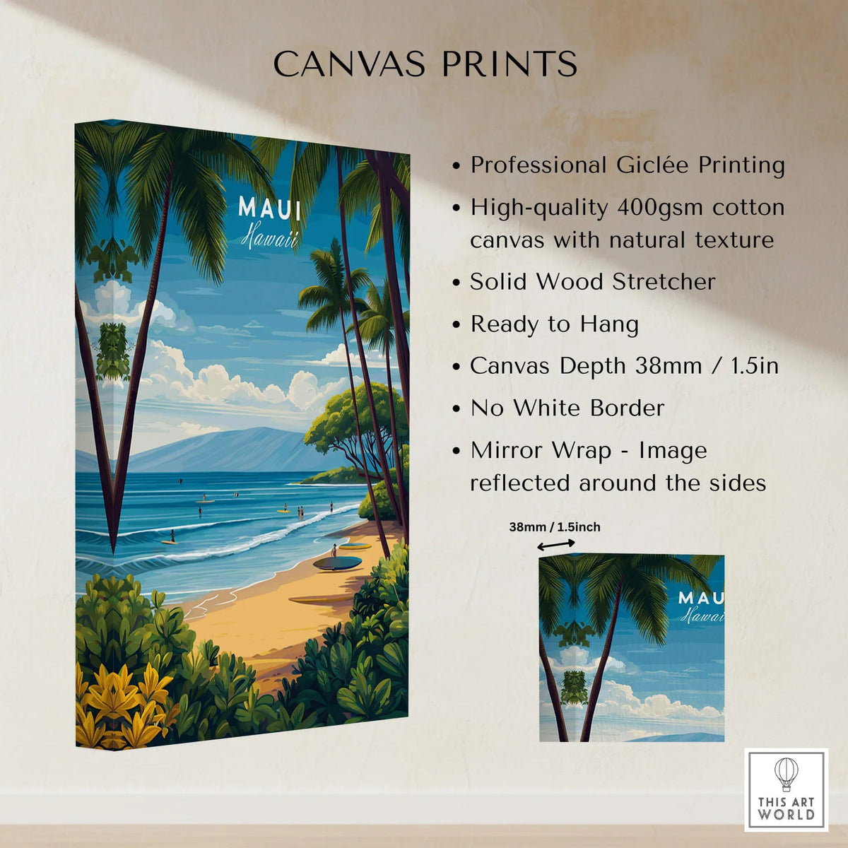 Maui Hawaii Travel Poster | Sunny Surfing Beach Wall Art Print featuring vibrant beach scene and palm trees.
