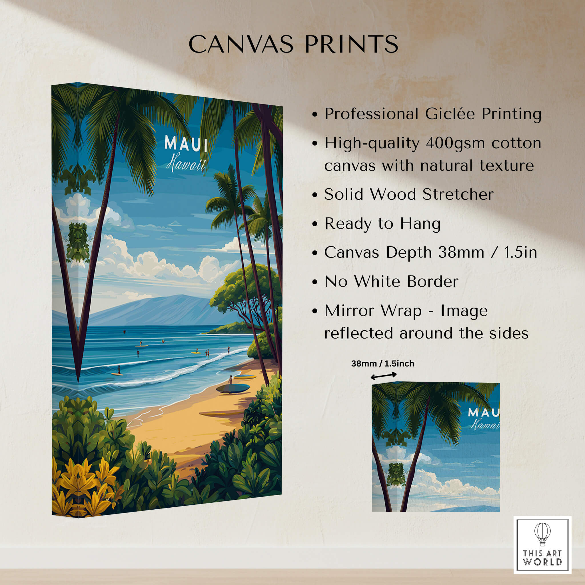 Maui Hawaii Travel Poster | Sunny Surfing Beach Wall Art Print featuring vibrant beach scene and palm trees.