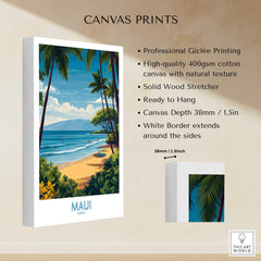 Maui Canvas Print | Hawaii Tropical Palm Trees & Waves Poster showcasing vibrant tropical scene with swaying palms and ocean.