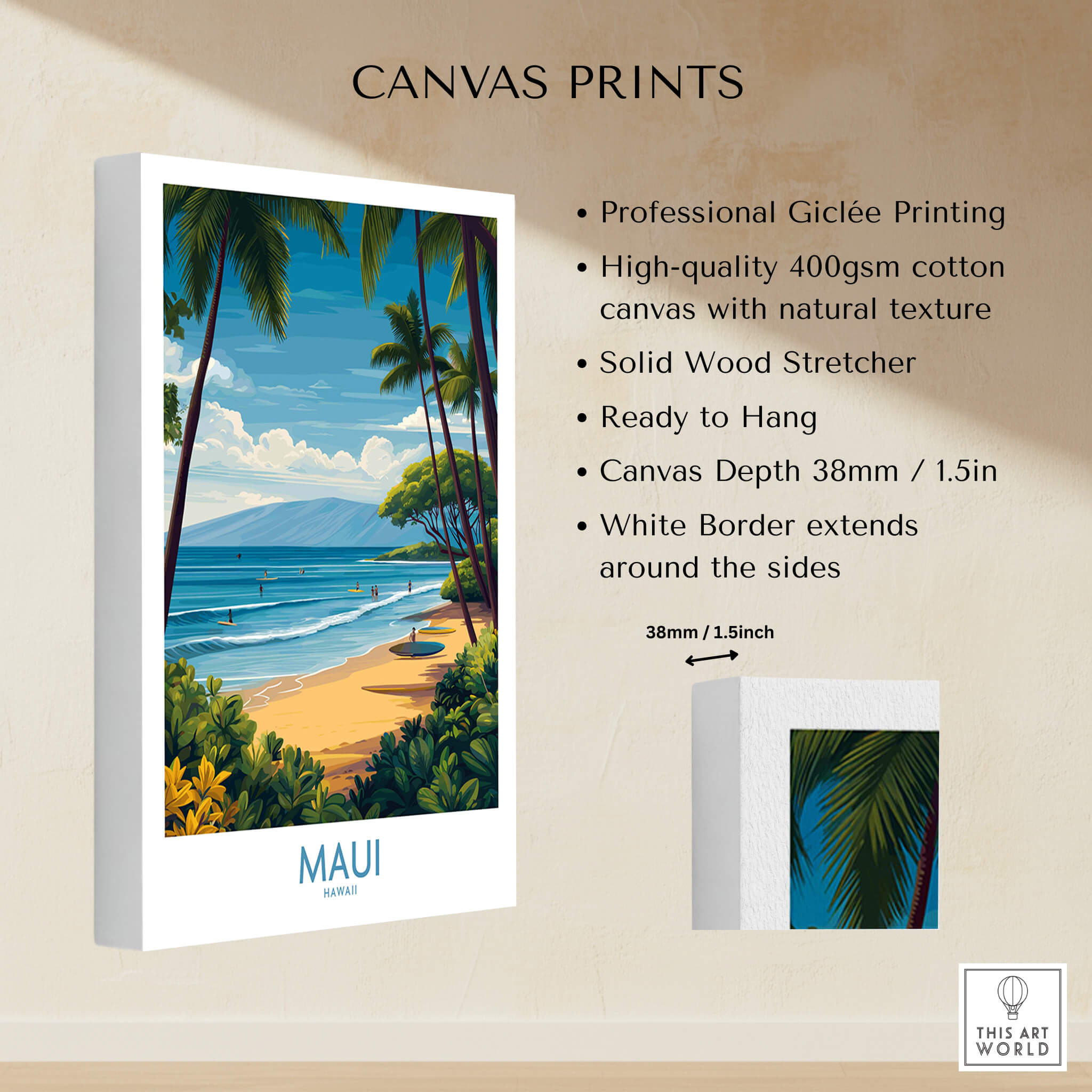 Maui Canvas Print | Hawaii Tropical Palm Trees & Waves Poster showcasing vibrant tropical scene with swaying palms and ocean.