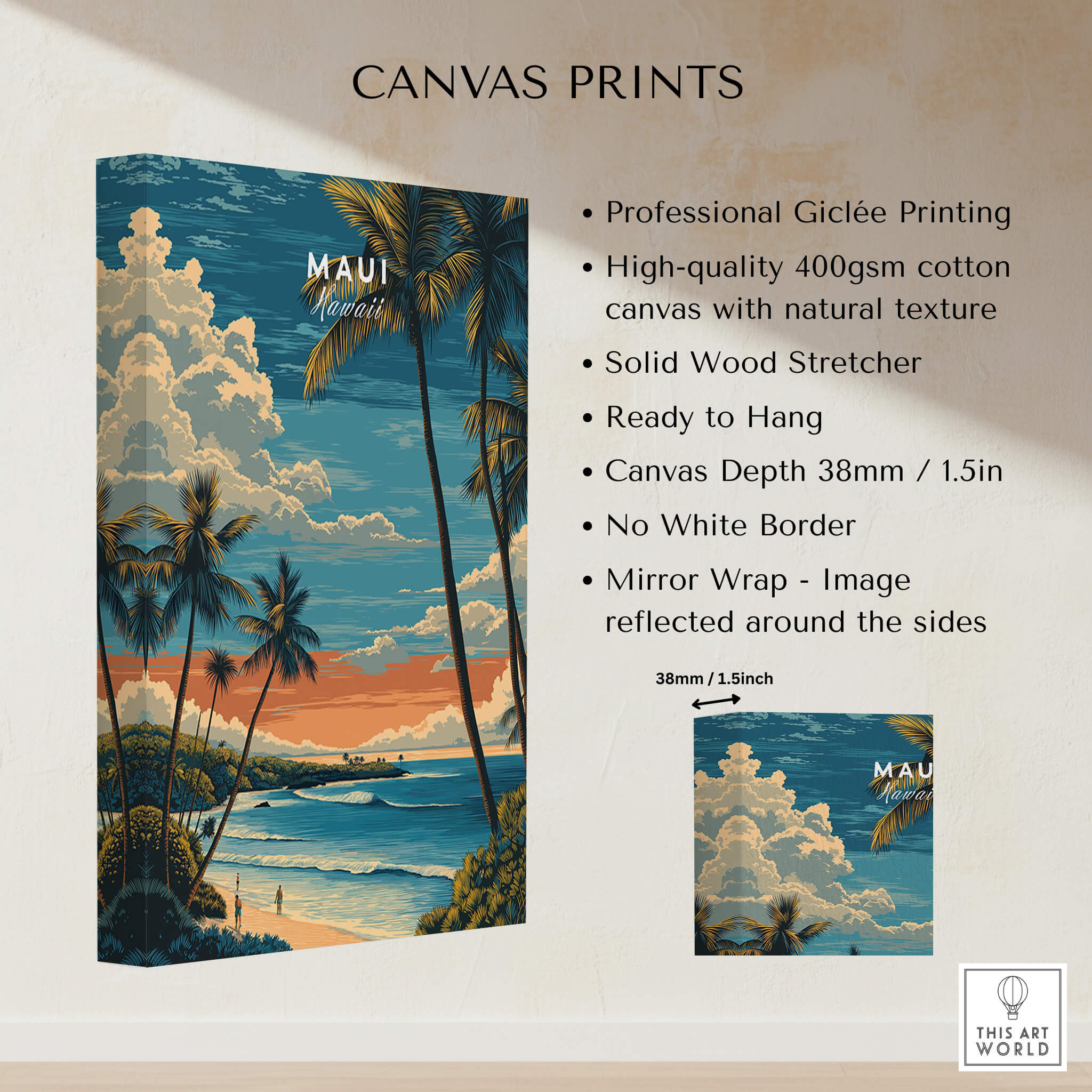 Maui Wall Art Print | Hawaii Evening Coastal Landscape Travel Poster features professional Giclée printing on canvas.