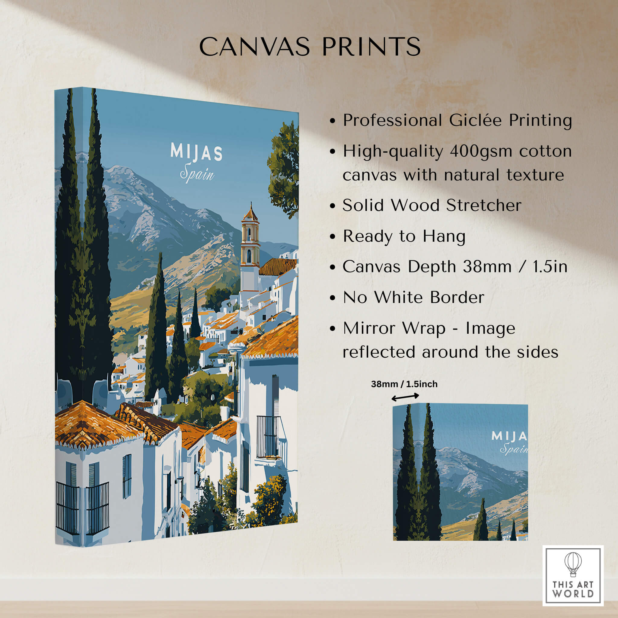 Mijas Spain Wall Art Print | Andalusian White Village Travel Poster - Giclée printing with wood stretcher and no white border.