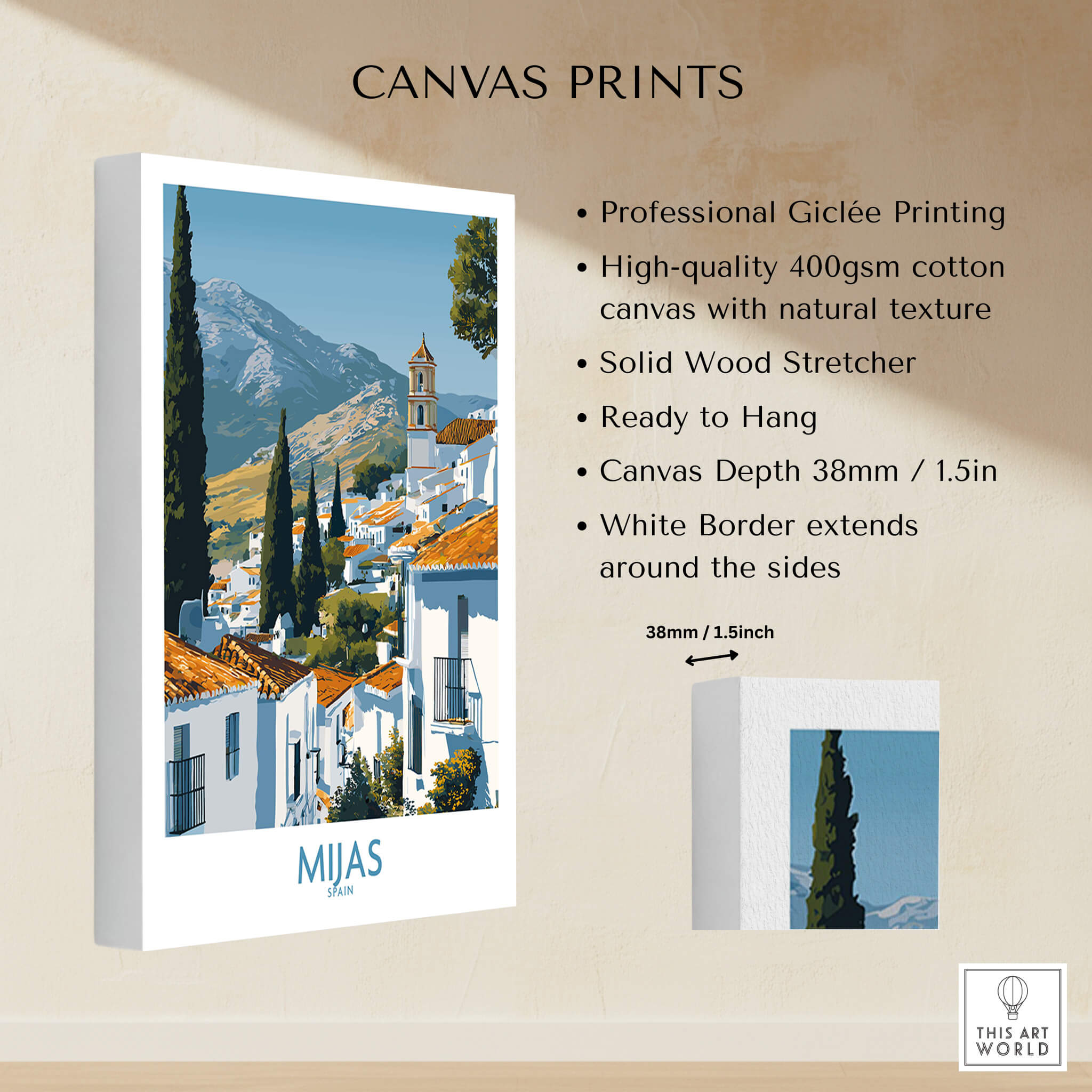 Mijas Spain Poster | Scenic Mountain Town Landscape Canvas Print showcasing professional Giclée printing and vibrant landscape.