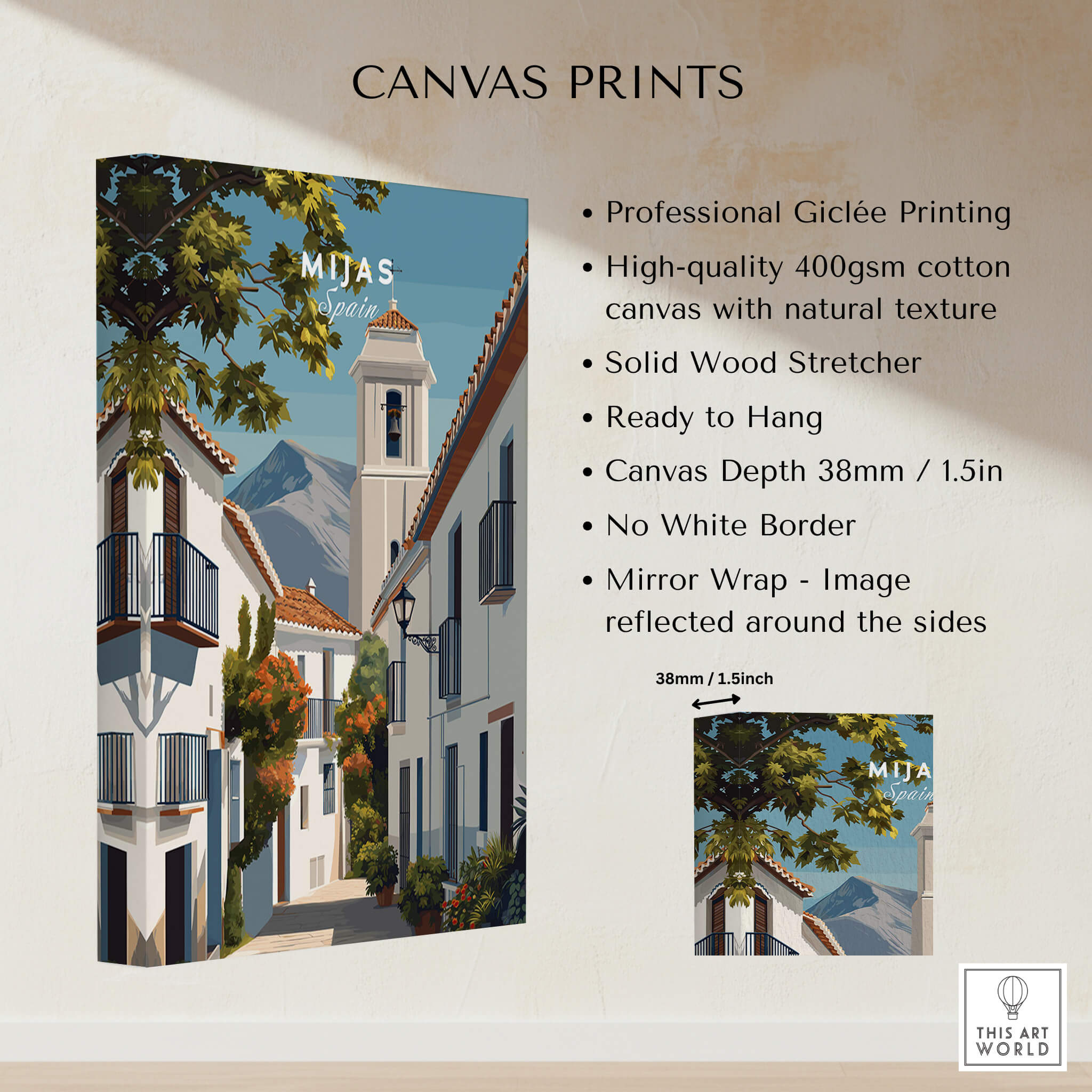 Mijas Spain Travel Poster | Traditional White Street Wall Art Print showcasing vibrant colors and natural textures in canvas form.