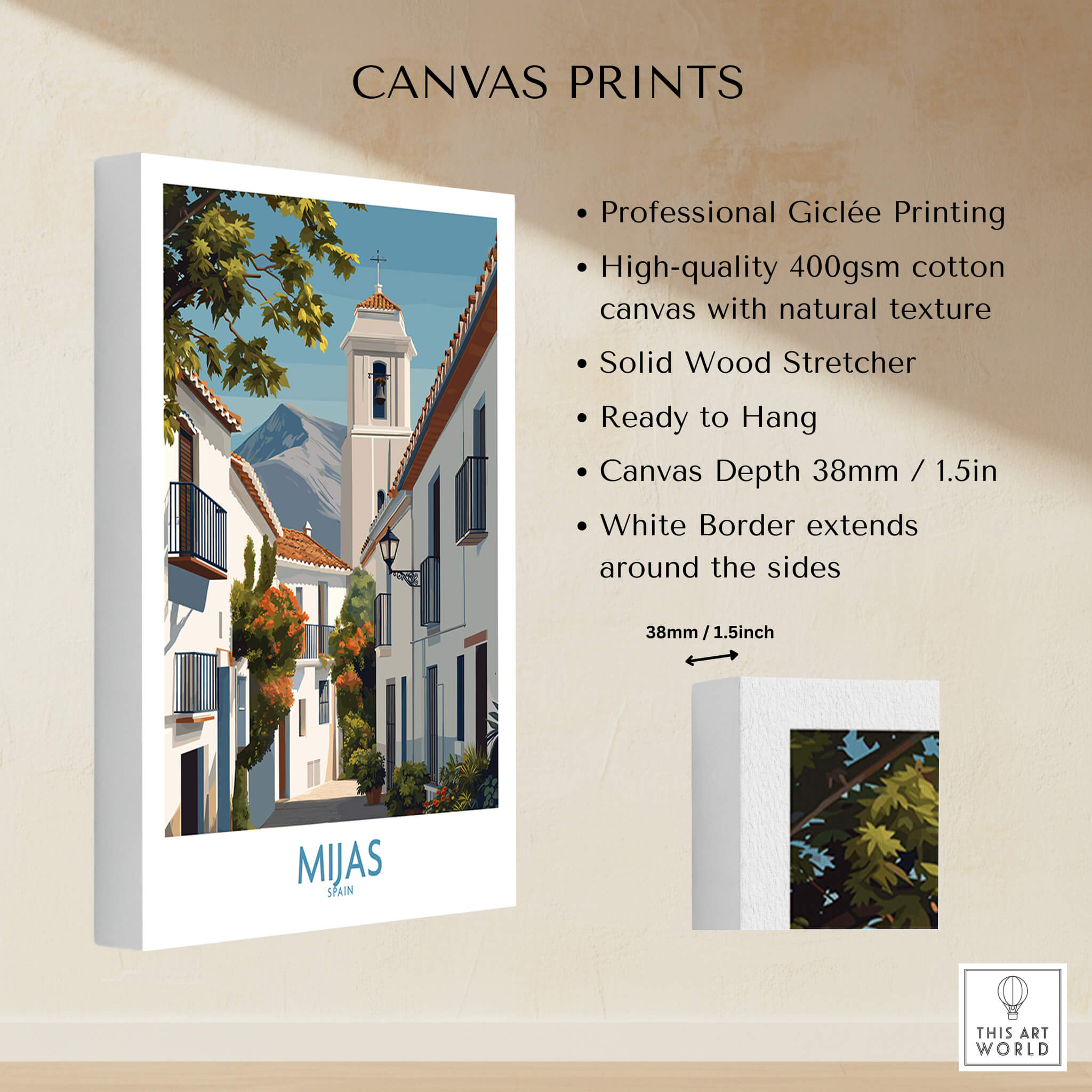 Mijas Spain Canvas Print | Historic Spanish Village Scene Poster showcasing professional Giclée printing and white border.