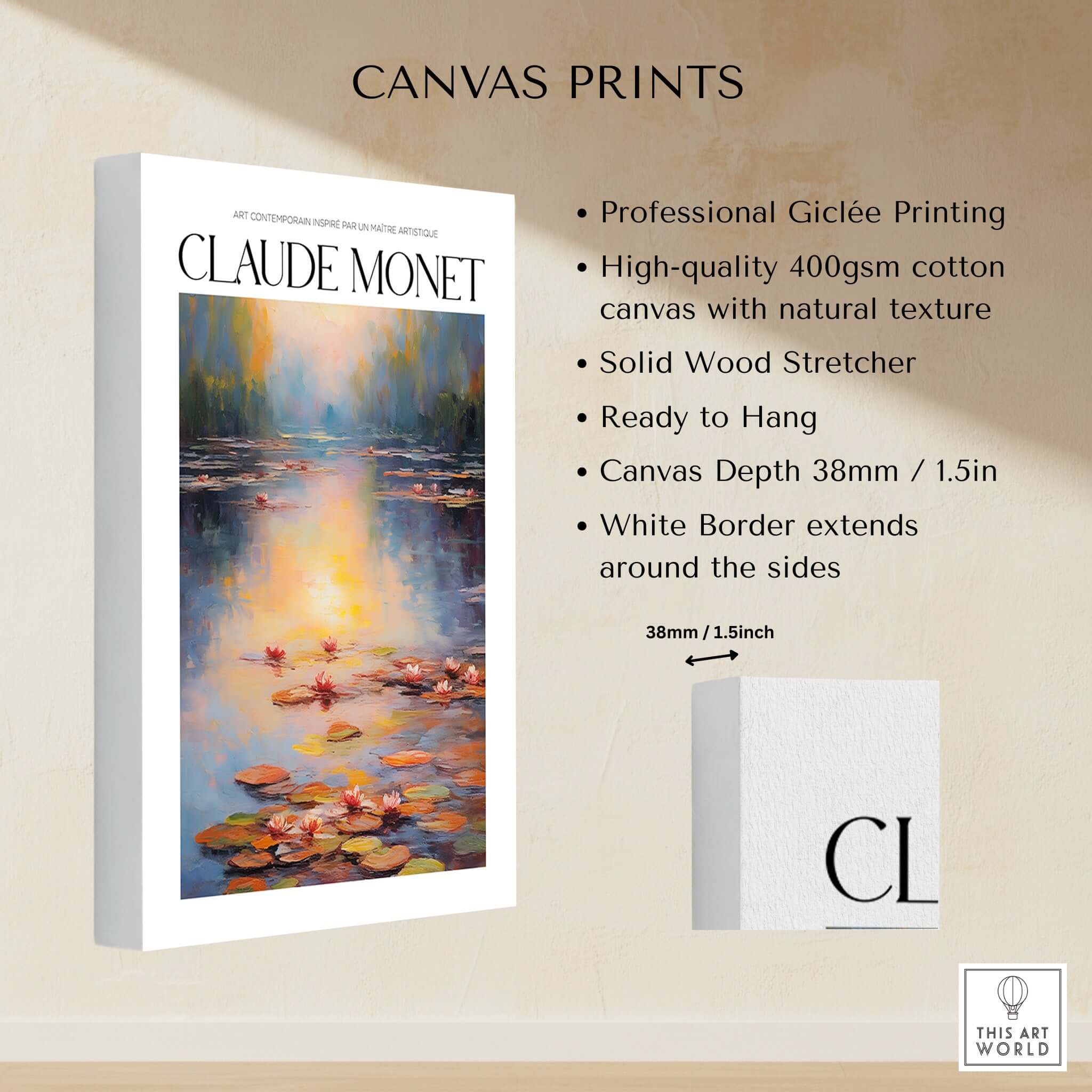 Claude Monet Wall Art Print - Vintage Home Decor Poster Impressionist Artwork on high-quality canvas with water lilies.