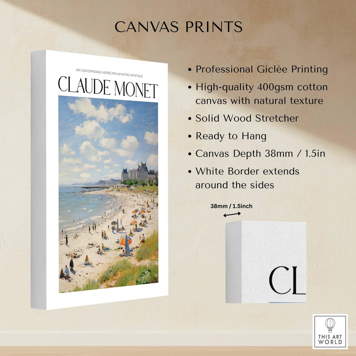 Claude Monet Sunny Beach Day Wall Art - Coastal Resort Scene Print showcasing a vibrant beach scene with people and colorful umbrellas.