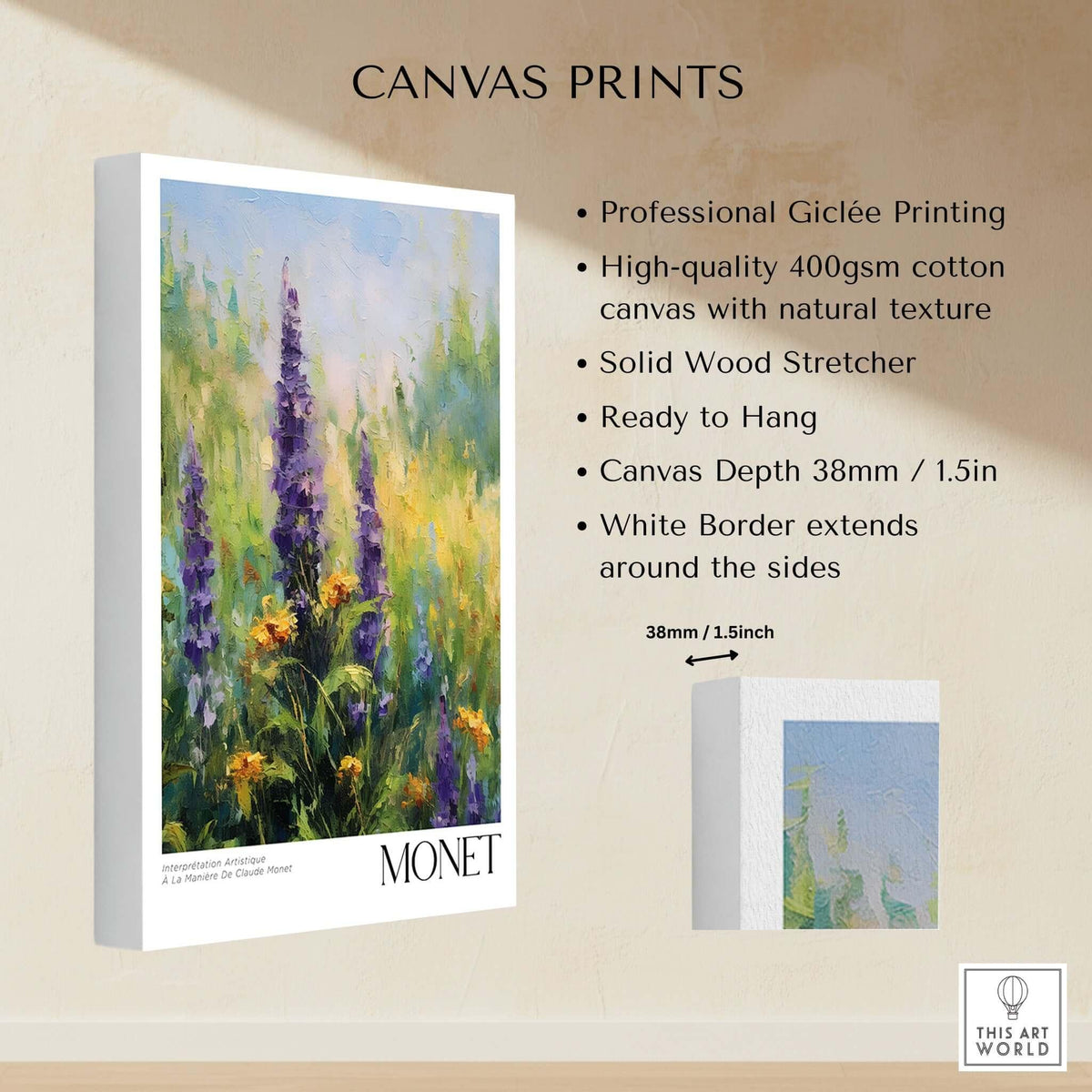 Claude Monet Art Print - Wildflower Meadow Purple Floral Print canvas print showcasing vibrant purple and yellow wildflowers.