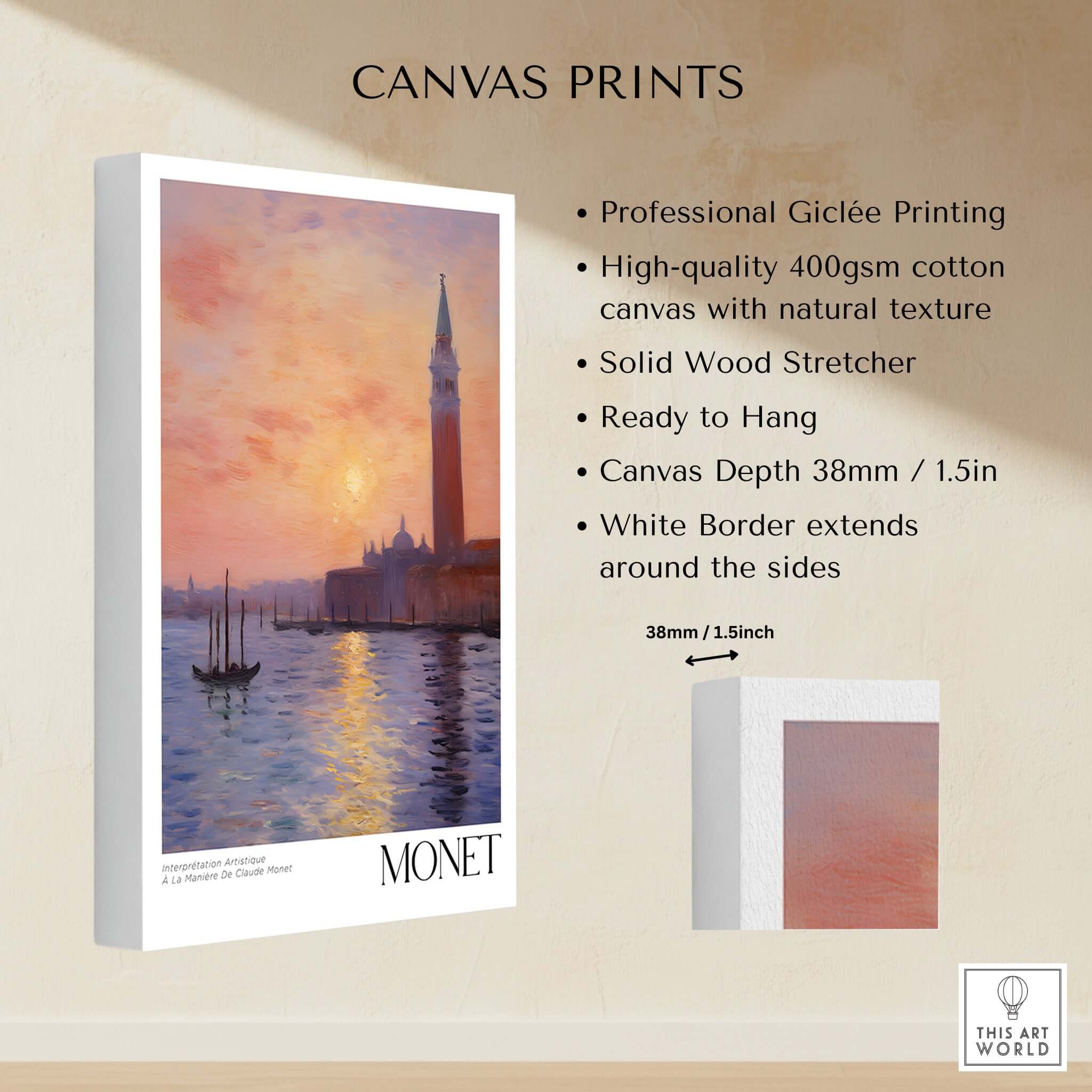 Monet Venice wall art showcasing a stunning sunset reflection on a canal with iconic Venetian architecture.