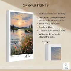 Claude Monet Wall Art Print - Sunset River Poppies on high-quality canvas with serene riverside sunset and blooming poppies.