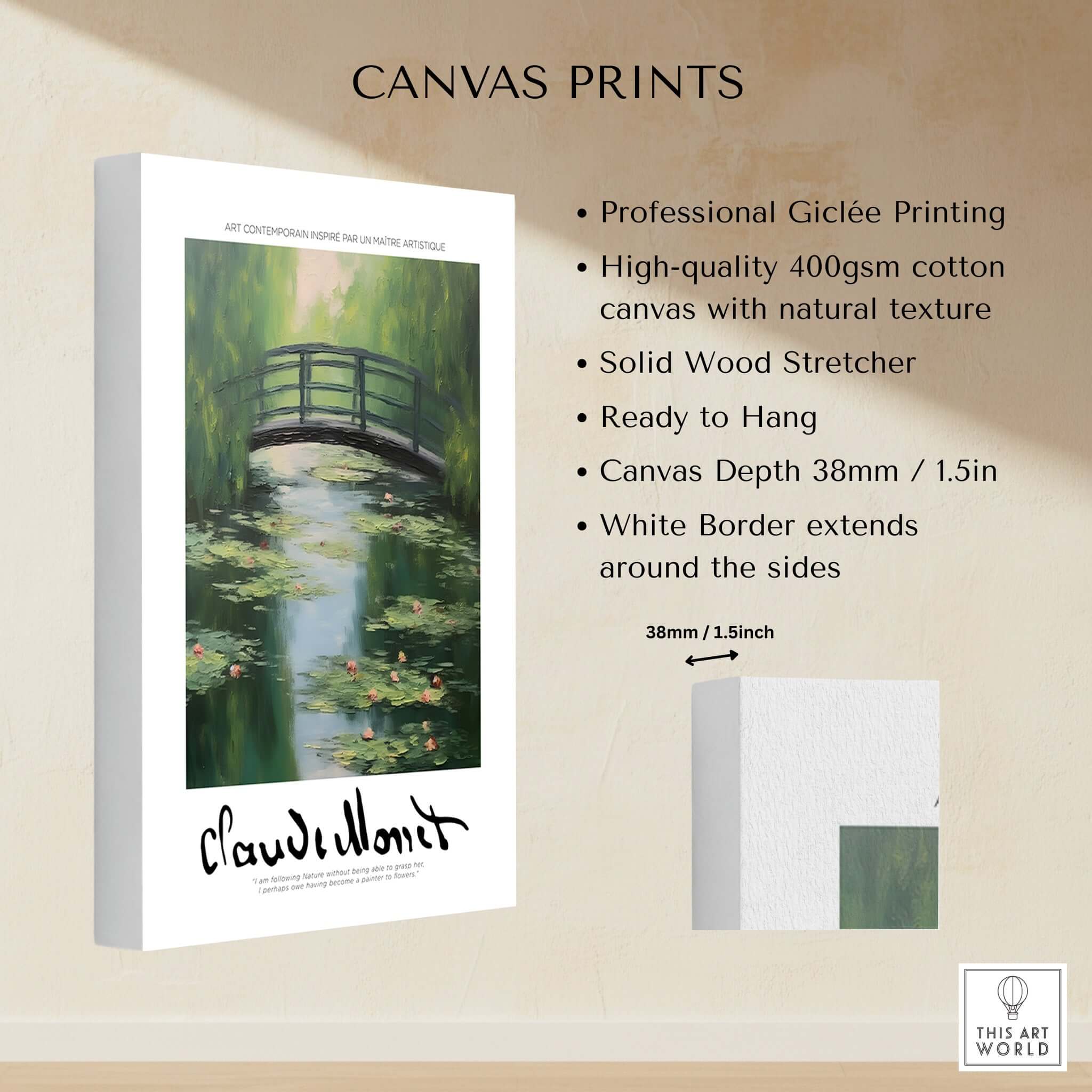 Claude Monet Art Print - Japanese Bridge Monet Water Lilies Print - Garden Pond Wall Art on canvas.