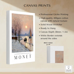 Claude Monet Poster - Winter River Sunset Wall Art - Snow Scene Print displayed on high-quality canvas with a white border.