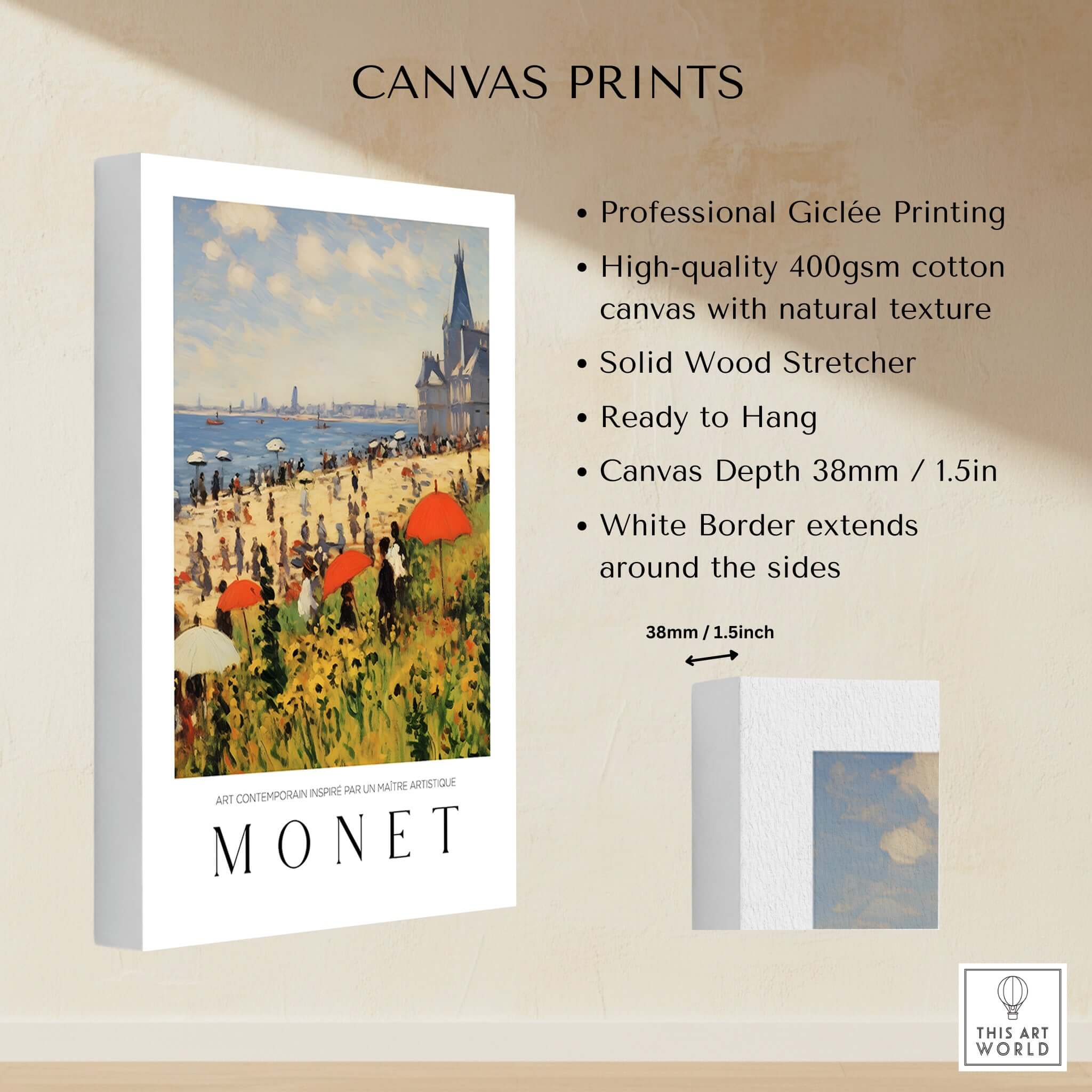 Claude Monet Art Print - Sunny Beach Resort with Flowers Poster on canvas showcasing vibrant beach scene.
